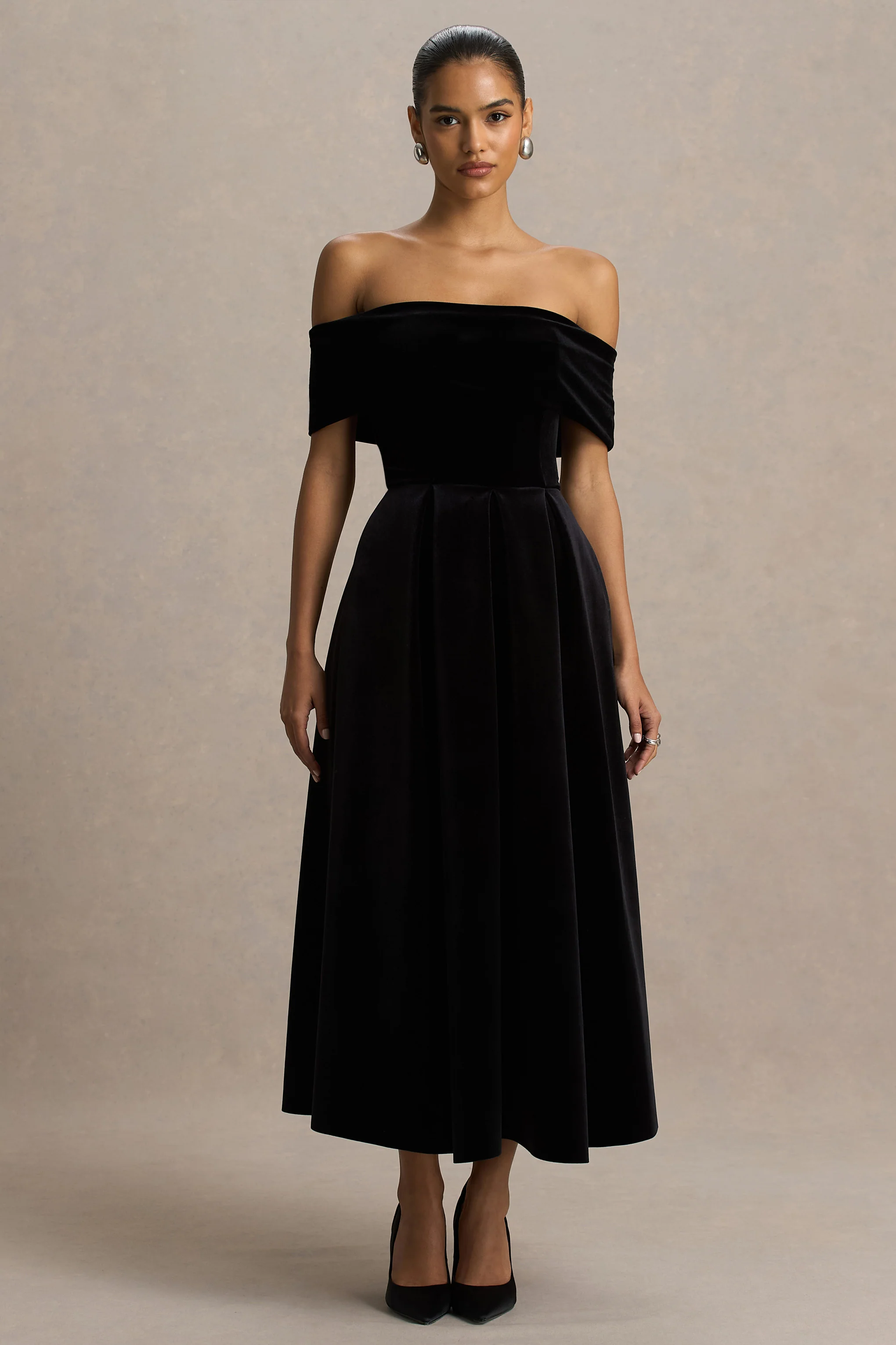 Ablaze | Black Velvet Bardot-Neck Midi Dress - Image 3