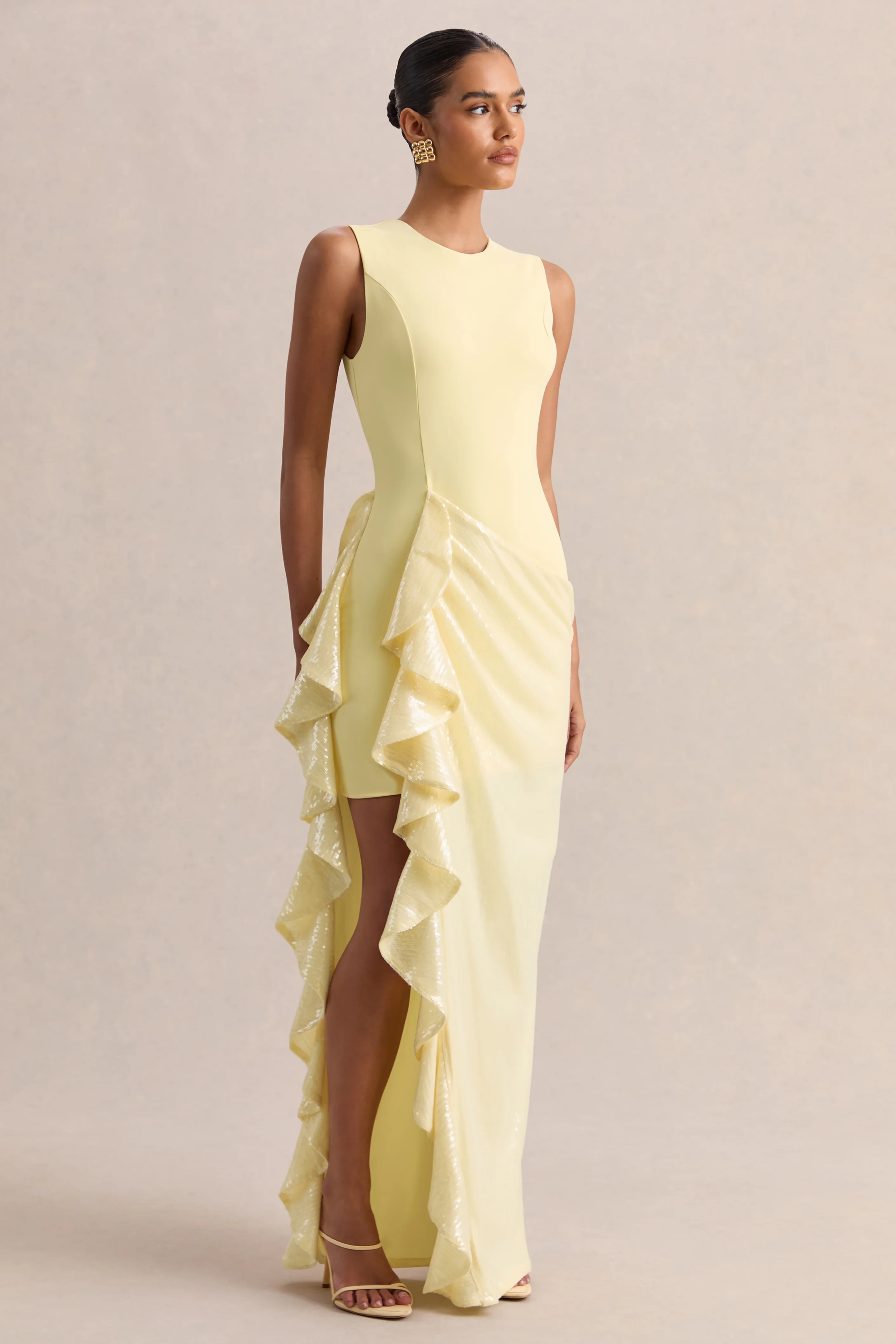 Ada | Lemon Crew-Neck Maxi Dress With Sheer Skirt And Ruffled Detailing - Image 4