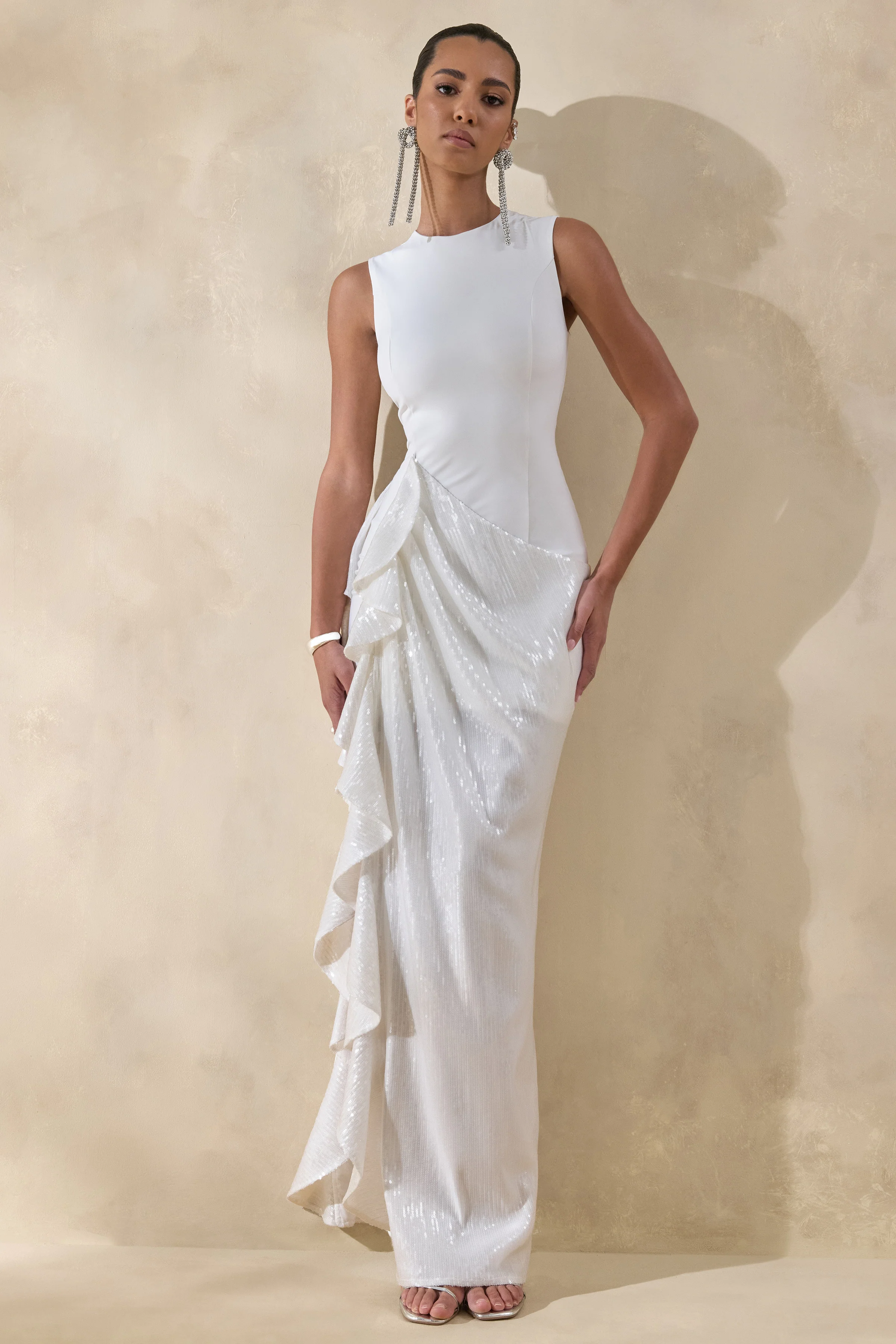 Ada | White Crew-Neck Maxi Dress With Sheer Skirt And Ruffled Detailing - Image 5