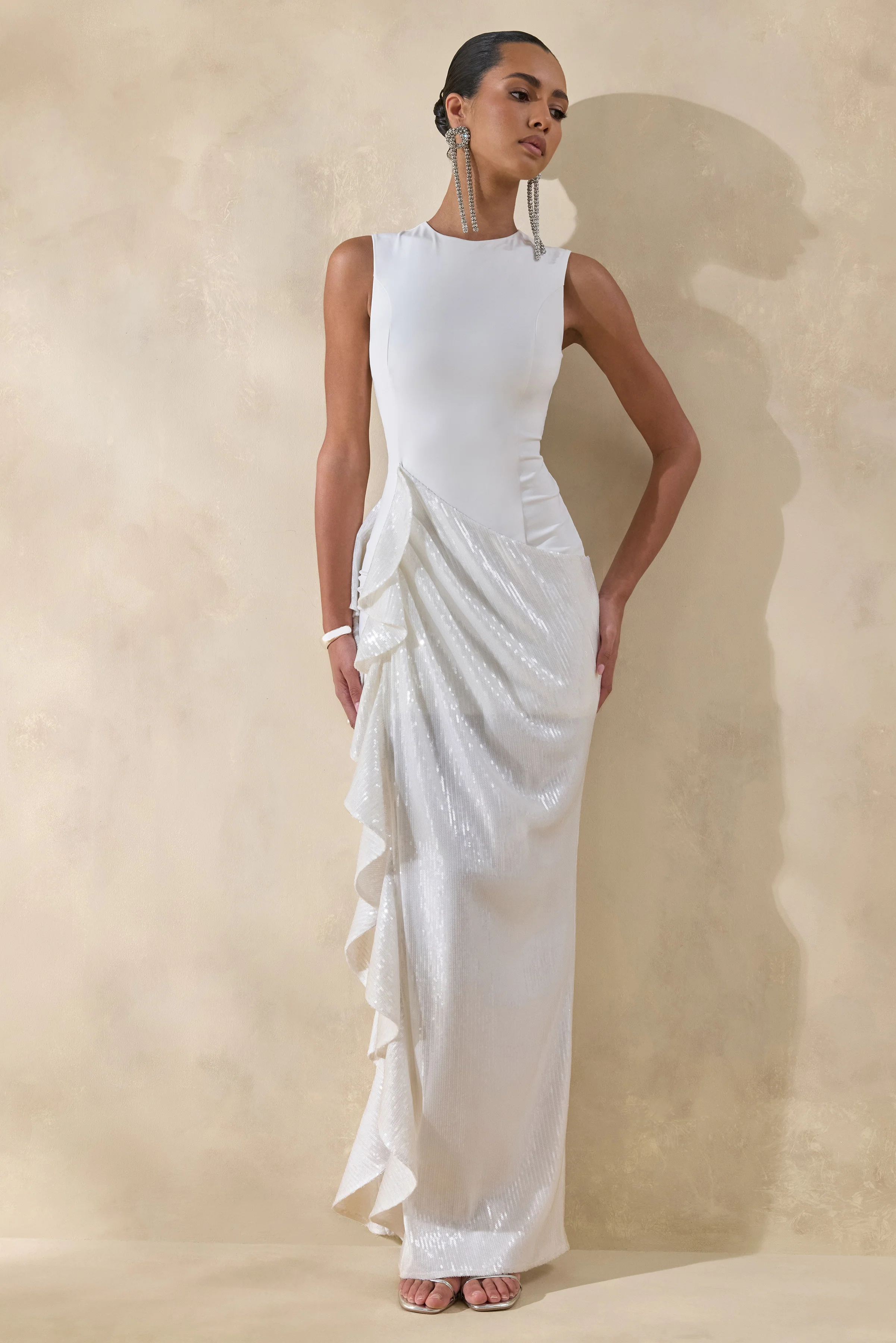 Ada | White Crew-Neck Maxi Dress With Sheer Skirt And Ruffled Detailing - Image 8