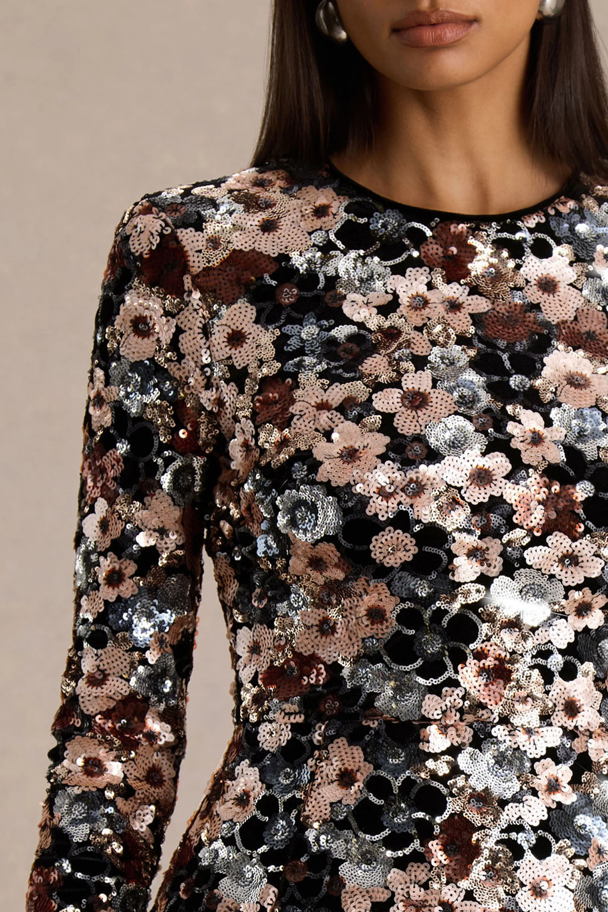 Adaline | Black Velvet & Embellished Sequin Floral Long-Sleeved Mini Dress - Image 3