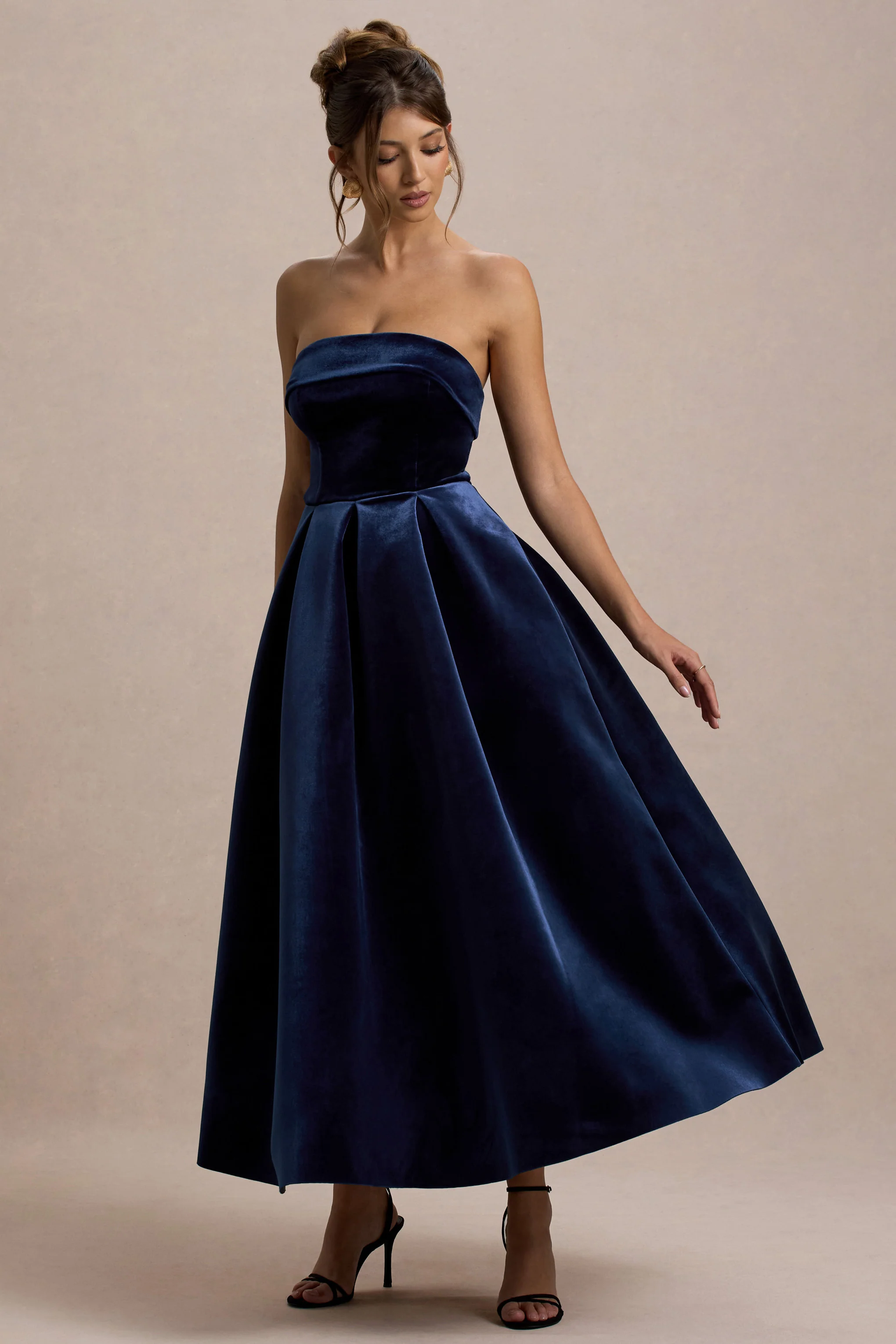 Addina | Navy Velvet Bandeau Skater Midi Dress - Image 3