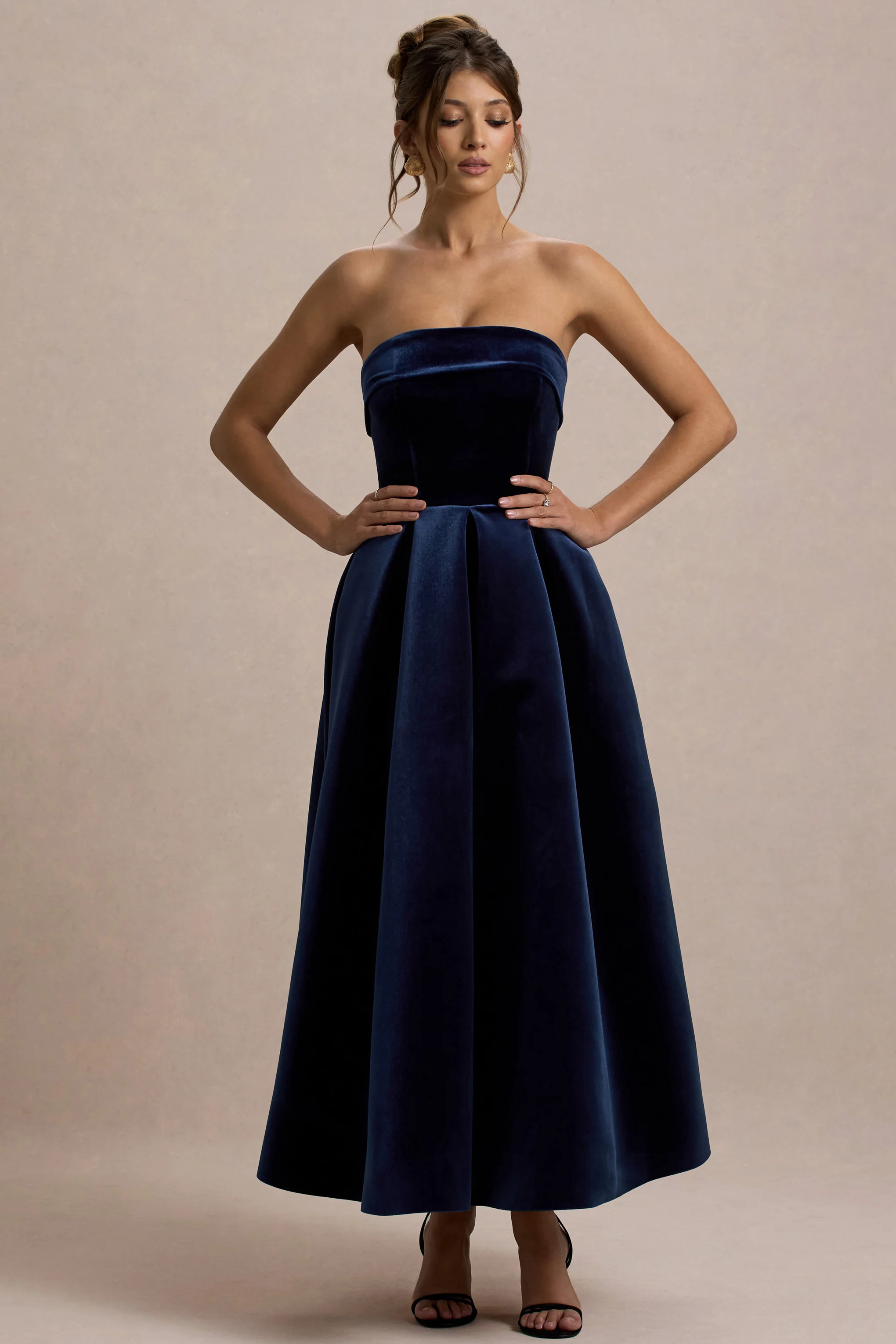 Addina | Navy Velvet Bandeau Skater Midi Dress - Image 4