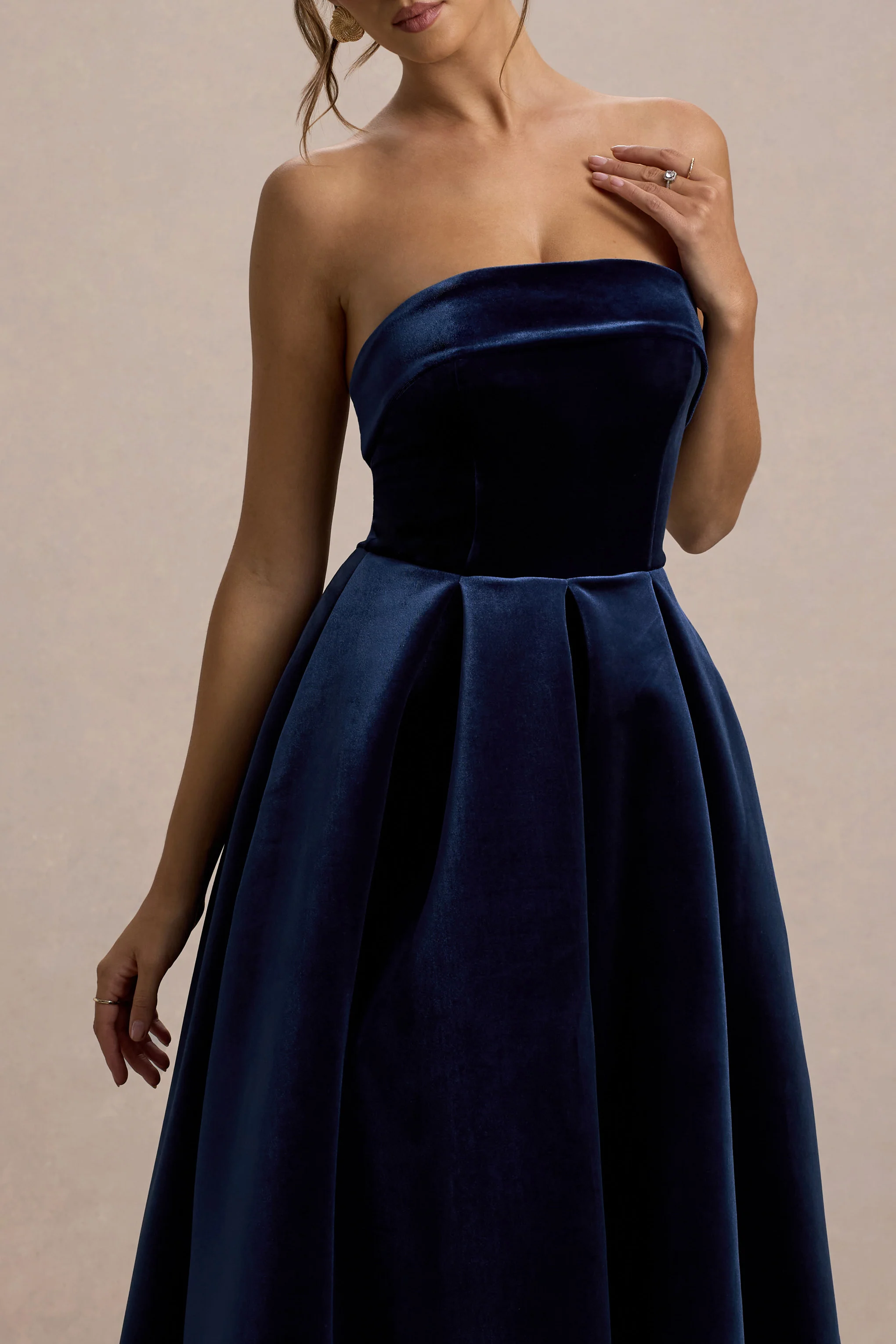 Addina | Navy Velvet Bandeau Skater Midi Dress - Image 5