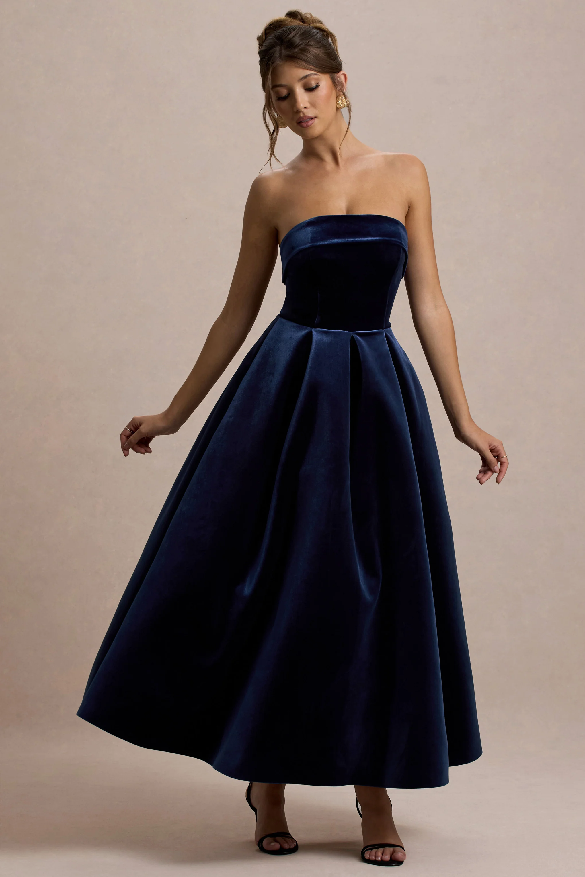 Addina | Navy Velvet Bandeau Skater Midi Dress - Image 6