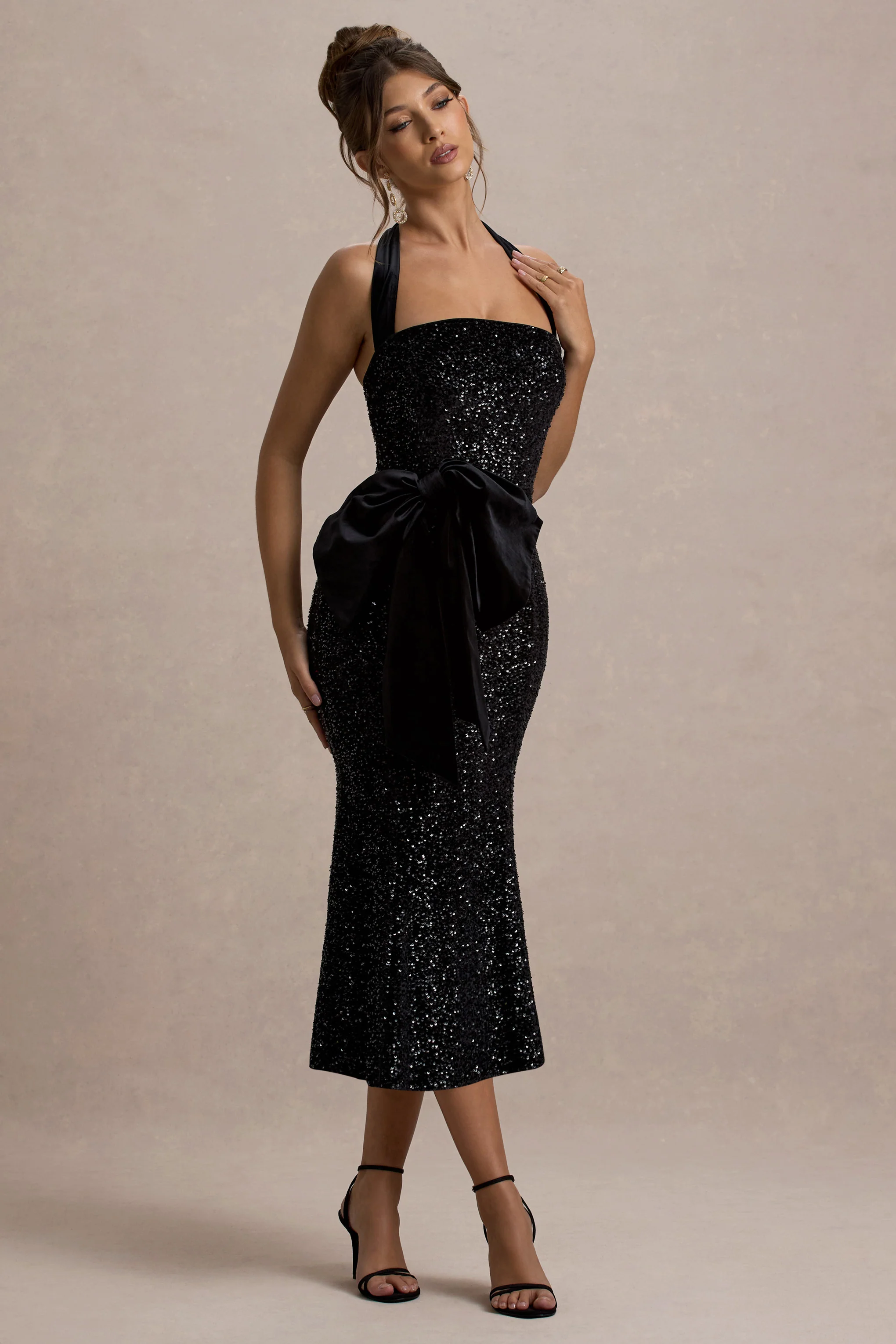 Adee | Black Sequin Velvet Halter-Neck Midi Dress With Bow - Image 4