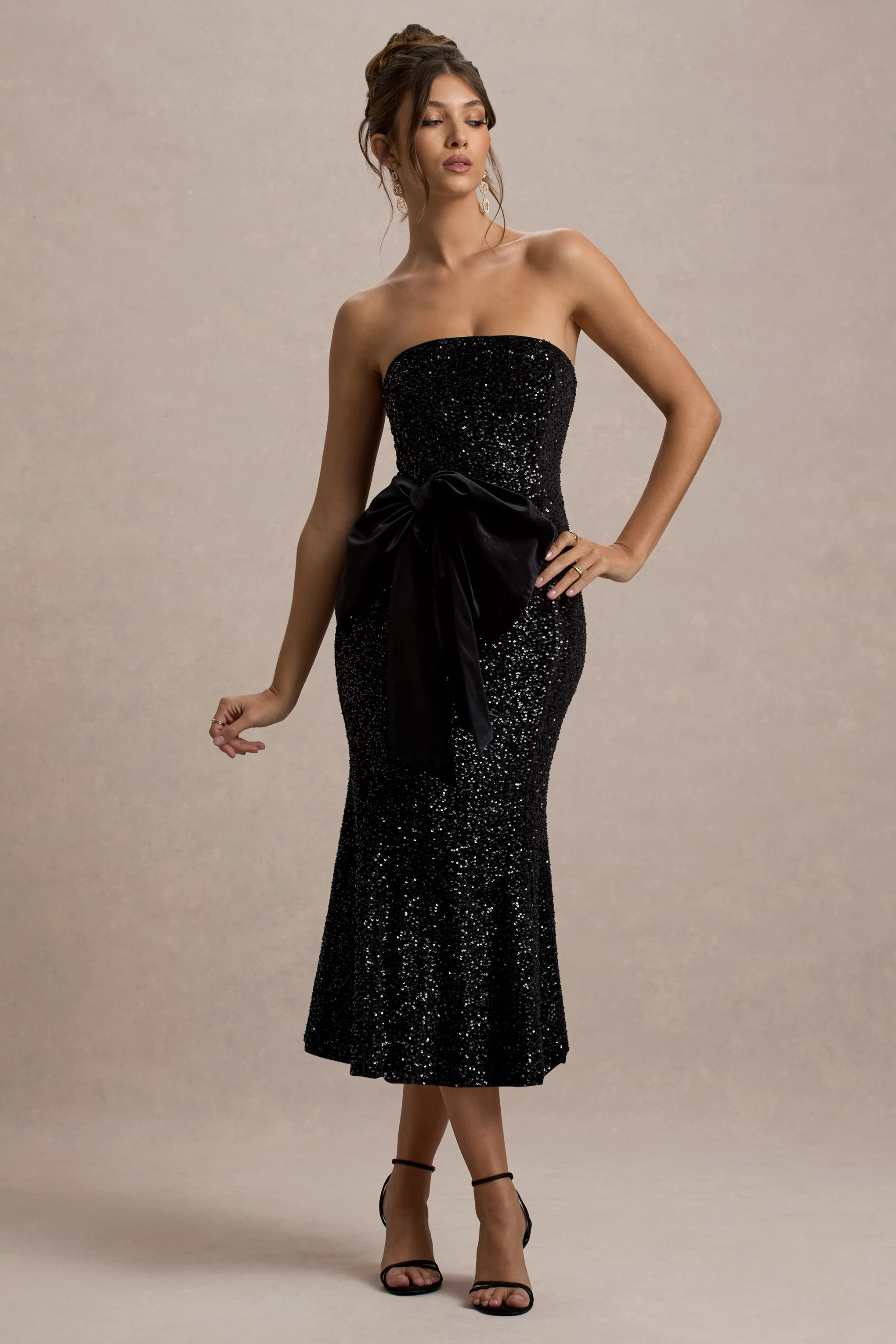 Adee | Black Sequin Velvet Halter-Neck Midi Dress With Bow - Image 5