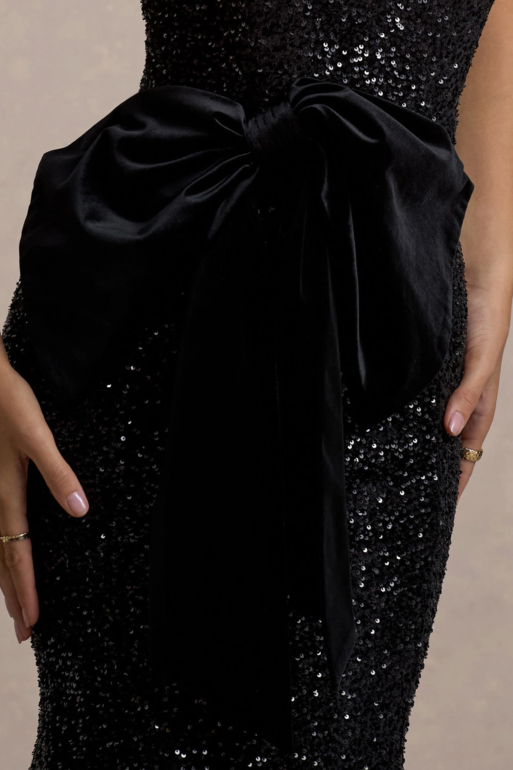 Adee | Black Sequin Velvet Halter-Neck Midi Dress With Bow - Image 6