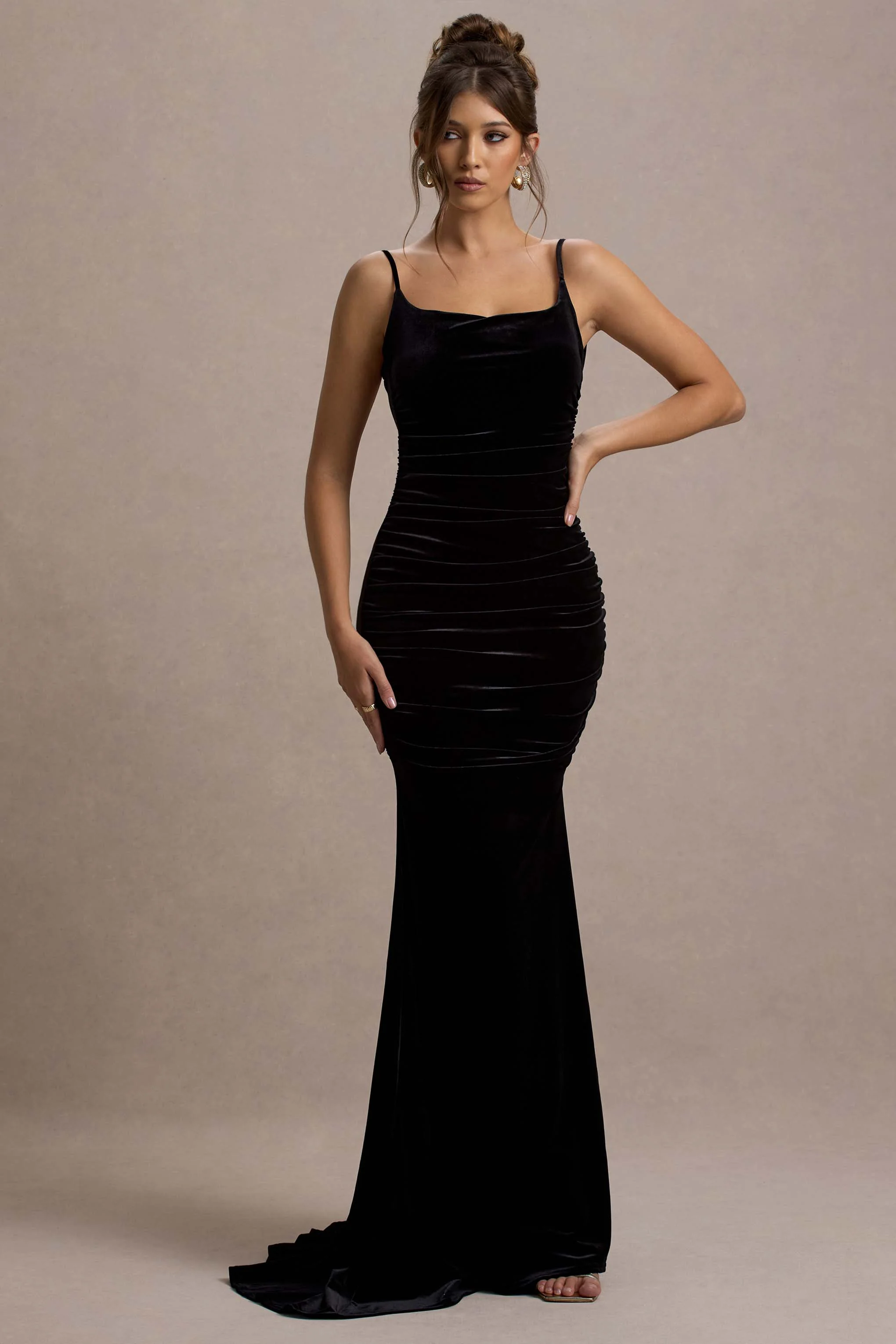 Adele | Black Velvet Ruched Strappy Fishtail Maxi Dress - Image 5