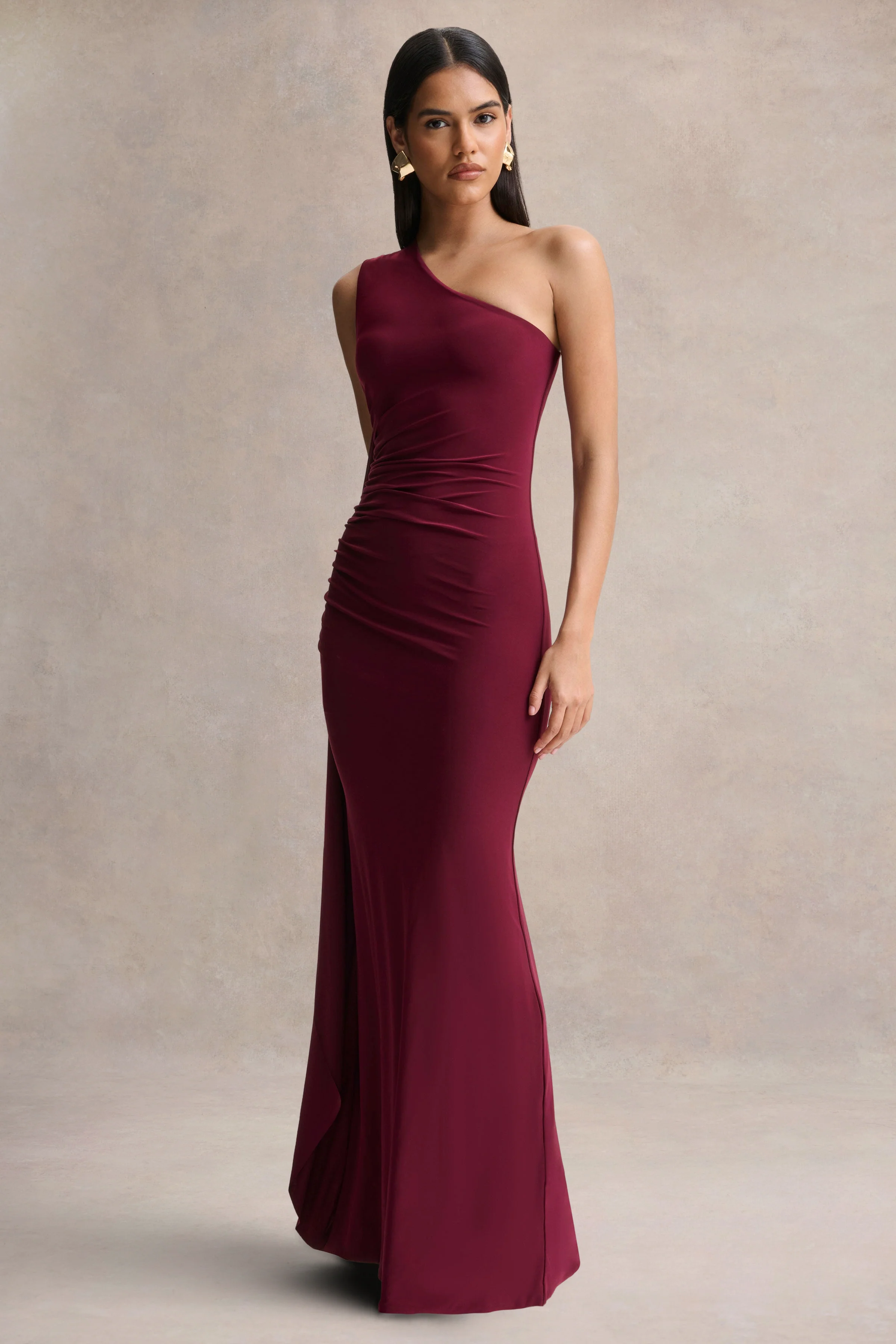 Adelina | Burgundy One-Shoulder Maxi Dress With Drape - Image 4