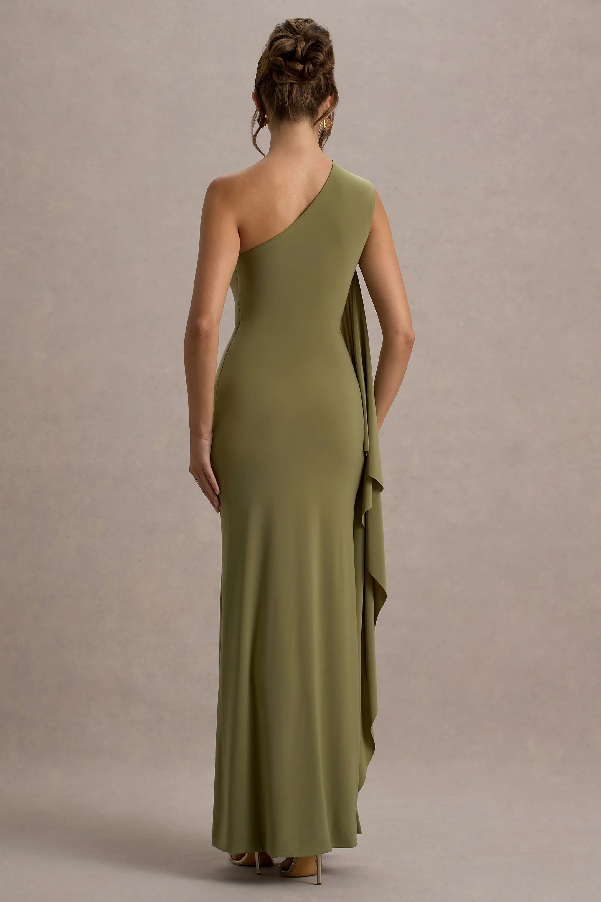 Adelina | Olive One-Shoulder Maxi Dress With Drape - Image 2