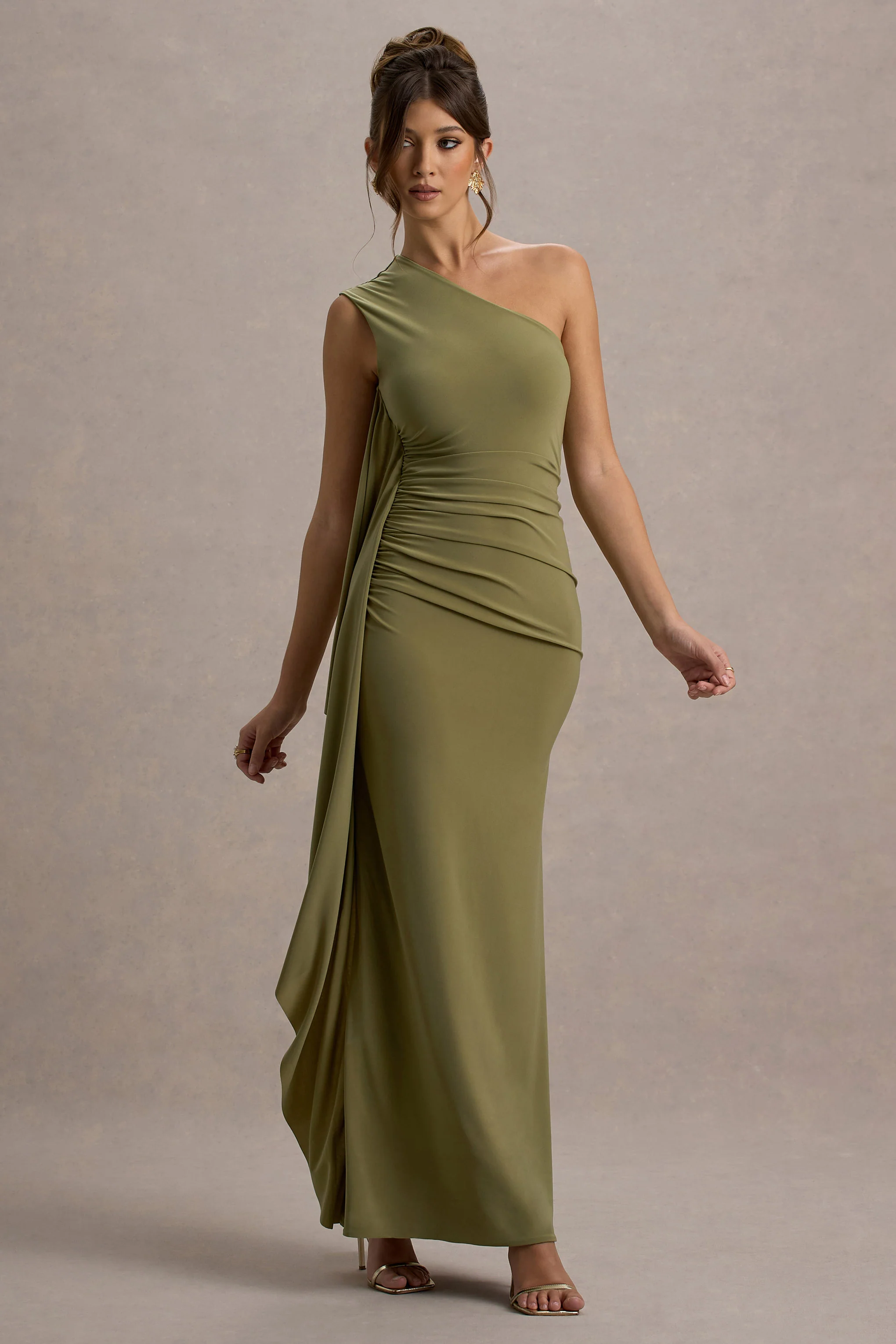 Adelina | Olive One-Shoulder Maxi Dress With Drape - Image 4
