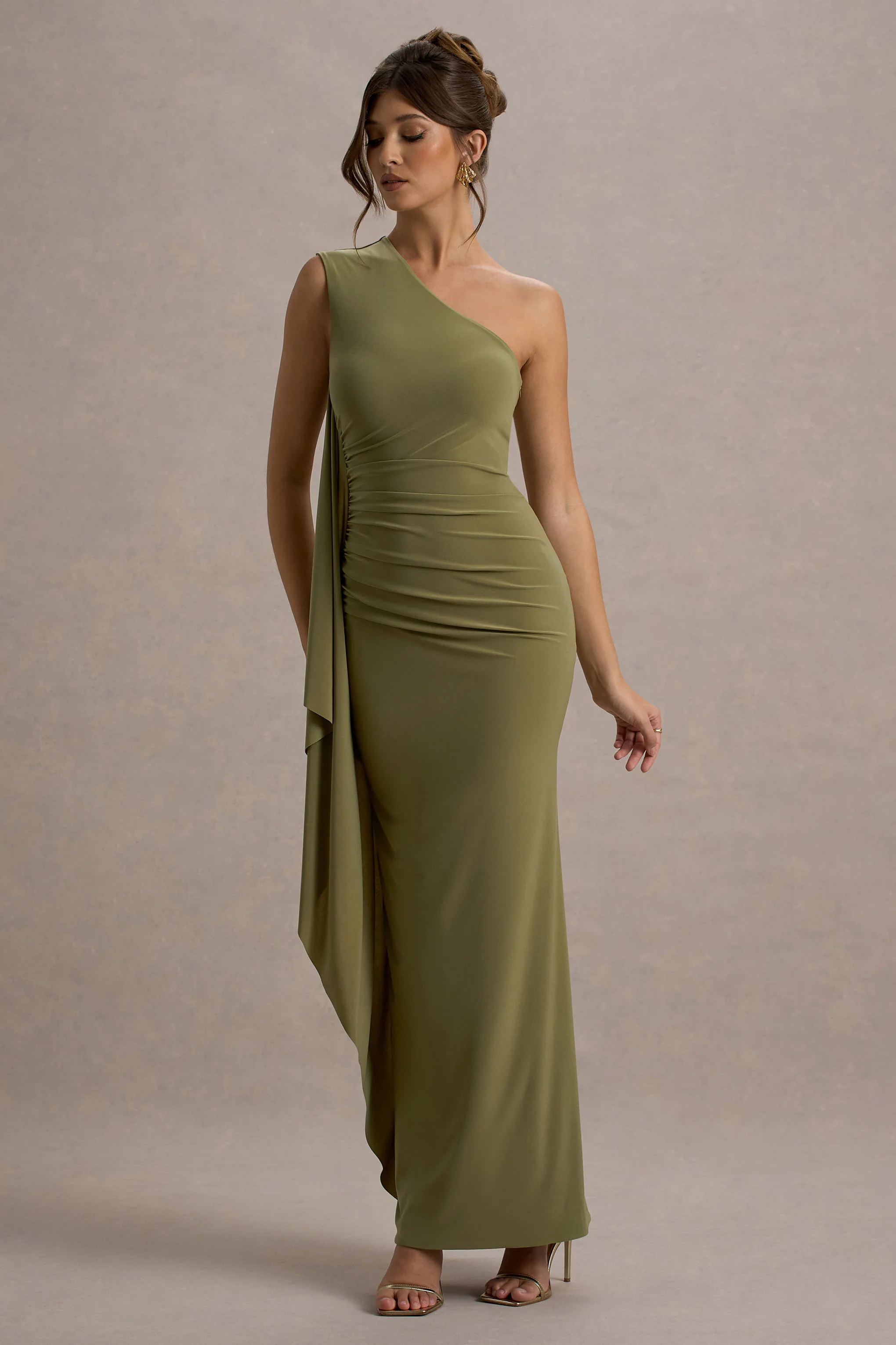 Adelina | Olive One-Shoulder Maxi Dress With Drape - Image 5