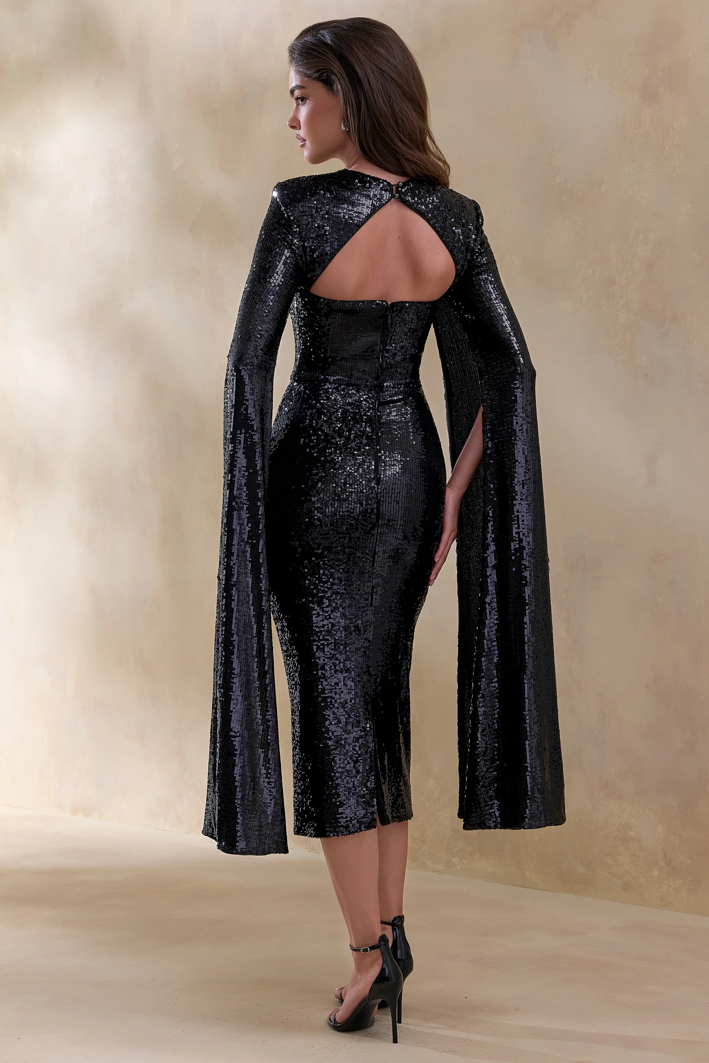 Adeline | Black Sequin Crew-Neck Midi Dress With Cape Sleeves - Image 2