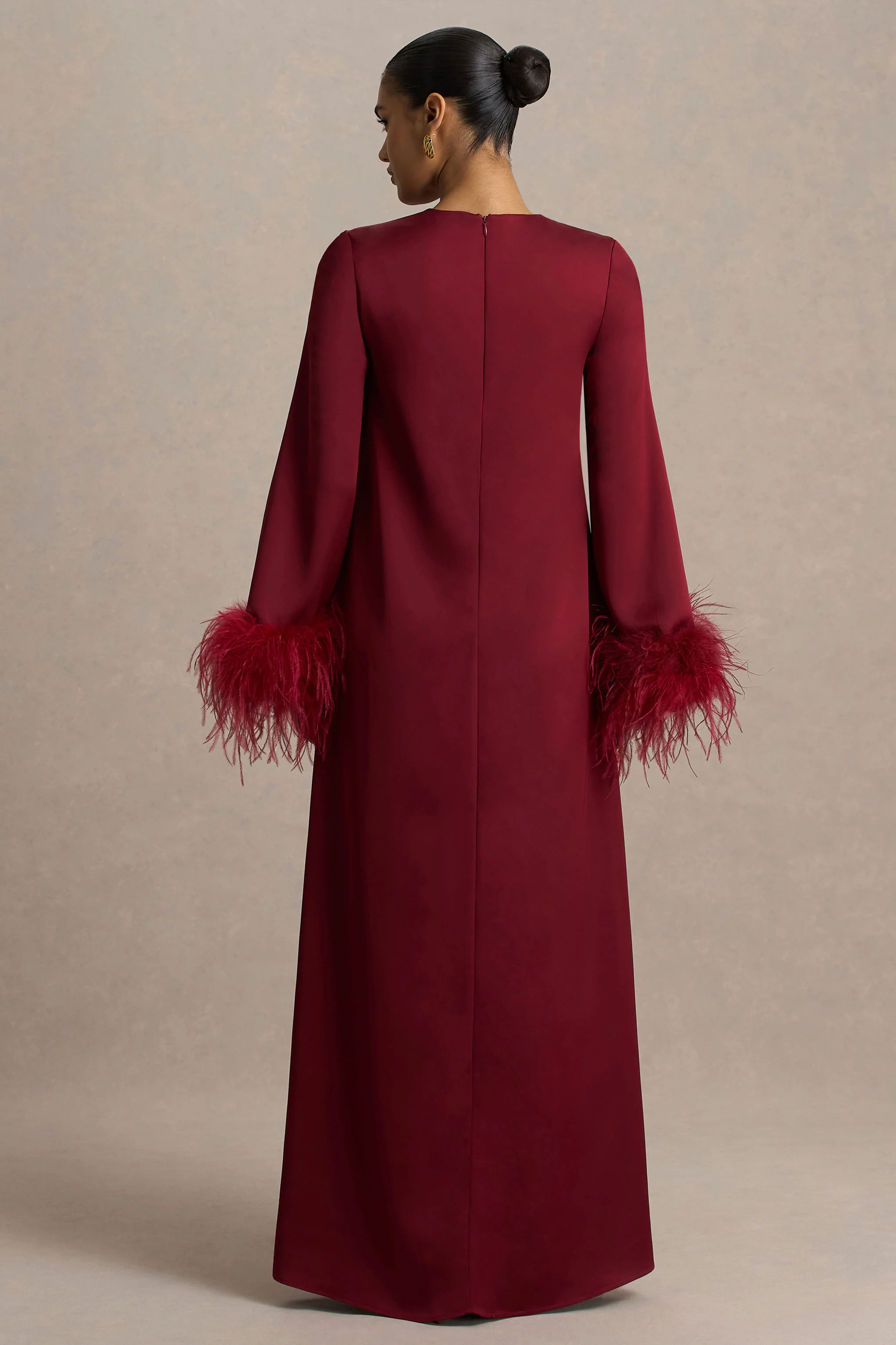 Adella | Burgundy Satin Feather-Trim Maxi Dress - Image 2