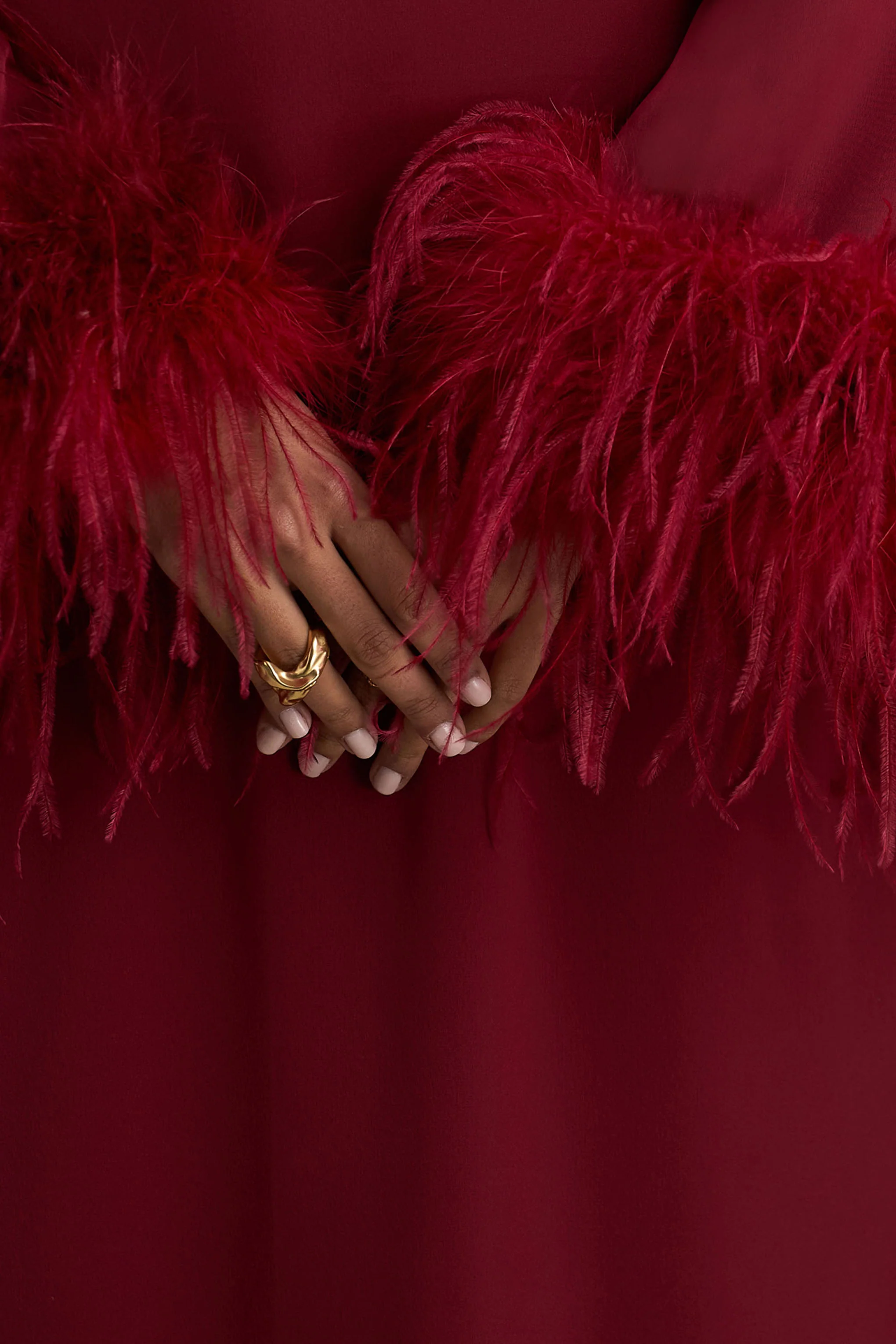 Adella | Burgundy Satin Feather-Trim Maxi Dress - Image 3