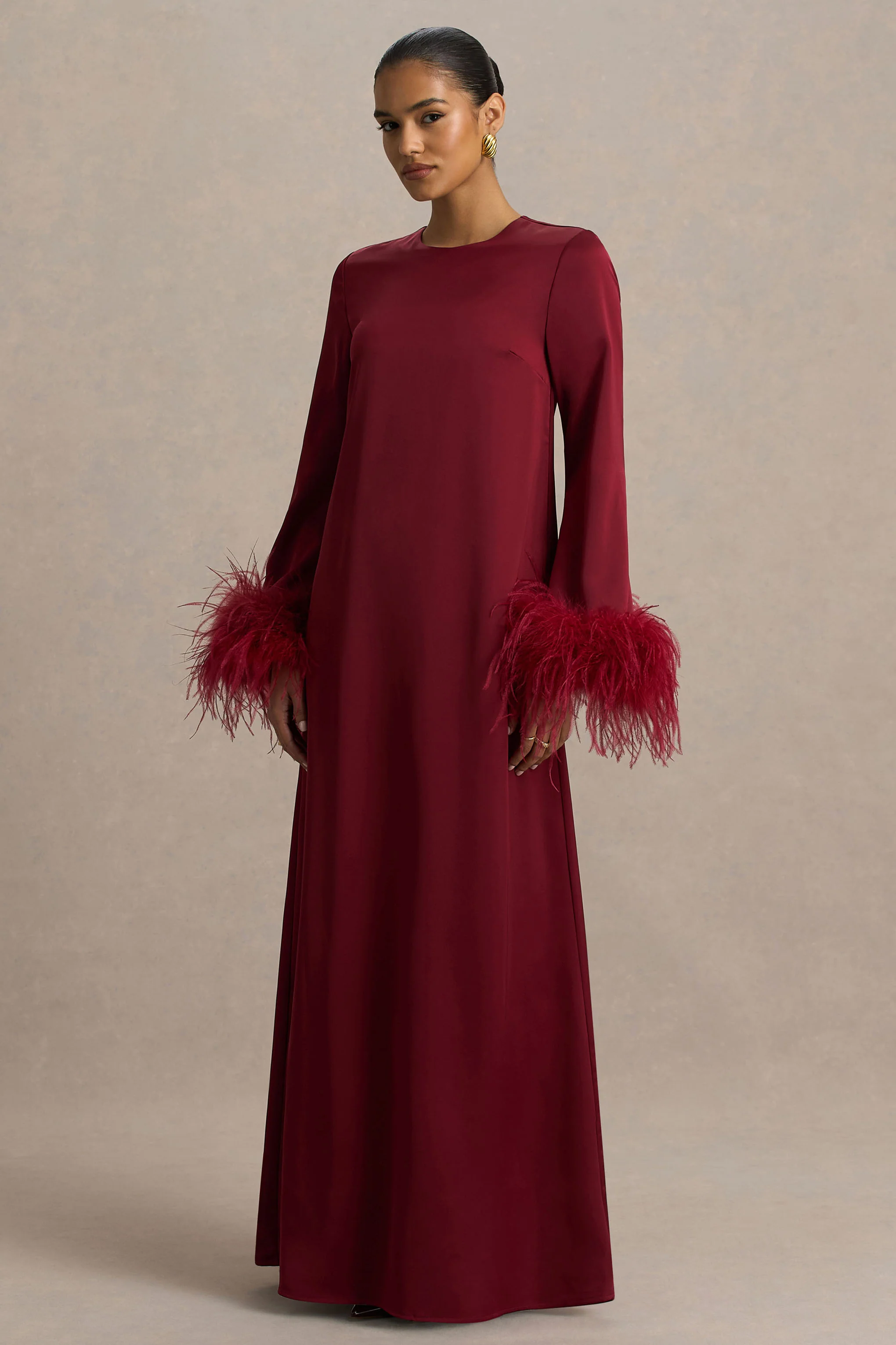 Adella | Burgundy Satin Feather-Trim Maxi Dress - Image 4
