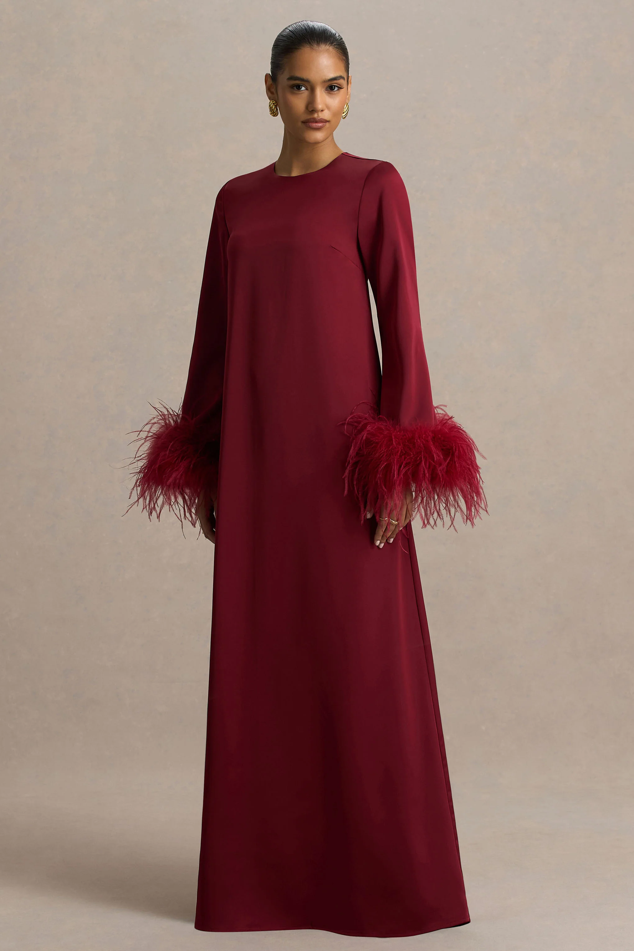 Adella | Burgundy Satin Feather-Trim Maxi Dress - Image 5