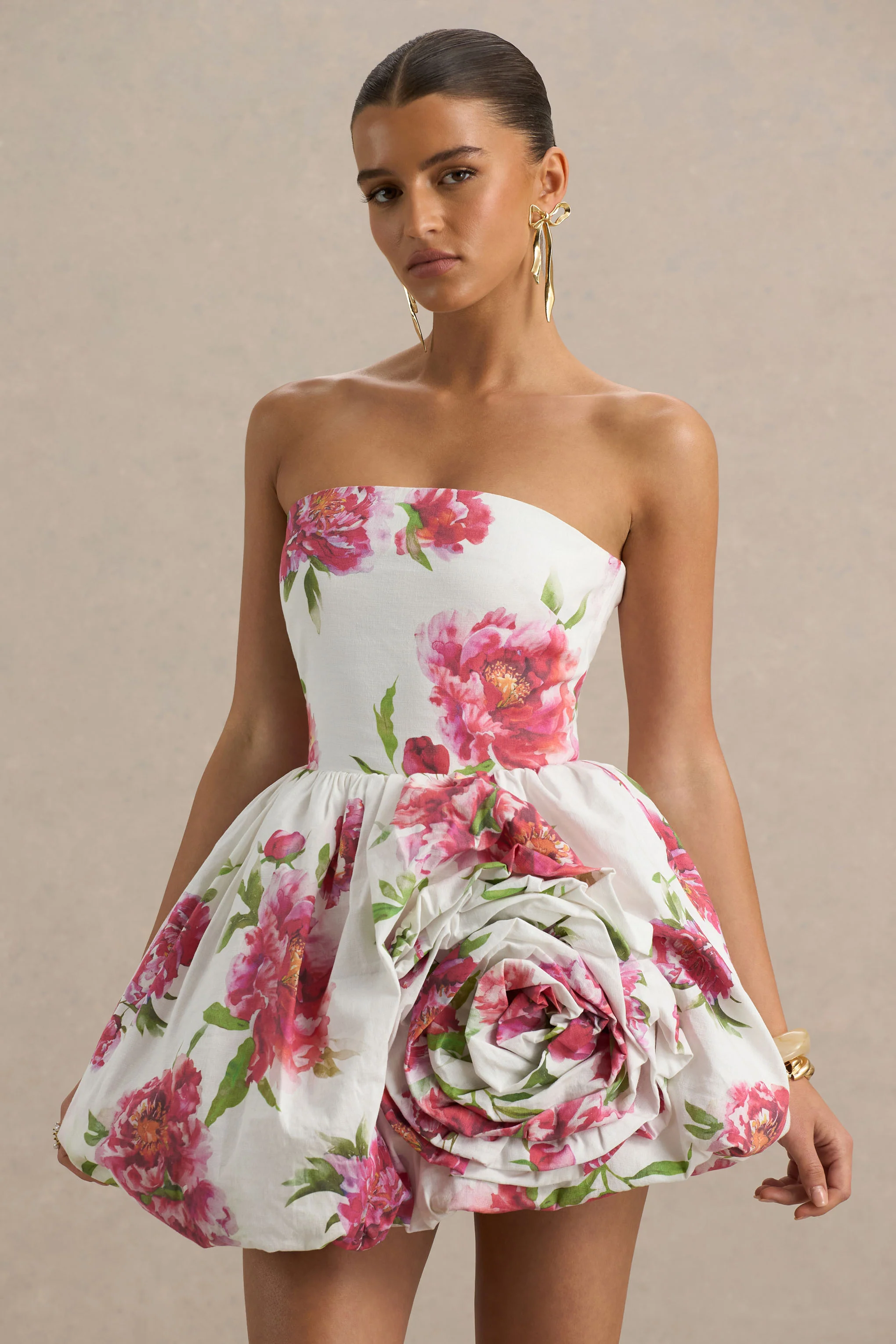 Adira | Cream Floral Print Bandeau Puffball Mini Dress With Ruffle Detail - Image 3