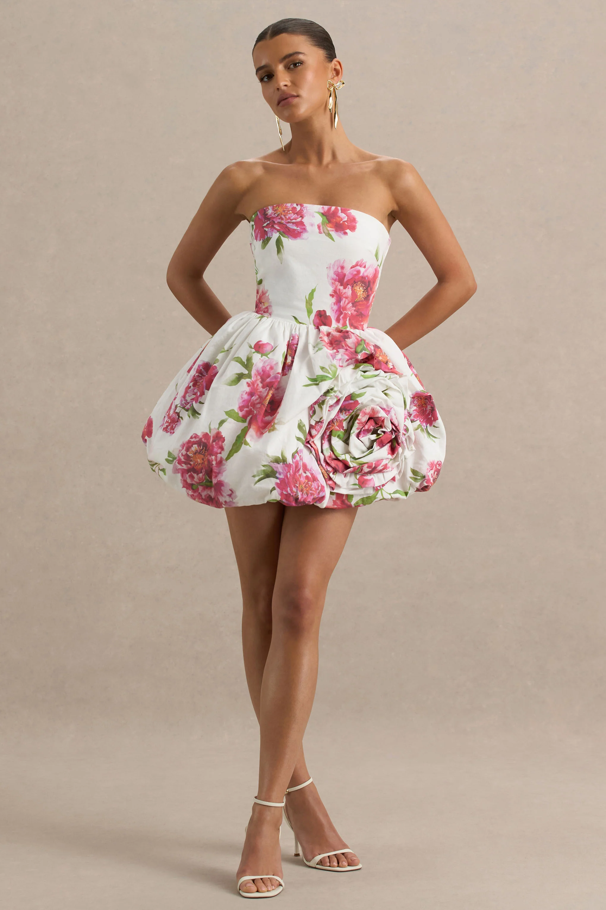 Adira | Cream Floral Print Bandeau Puffball Mini Dress With Ruffle Detail - Image 4
