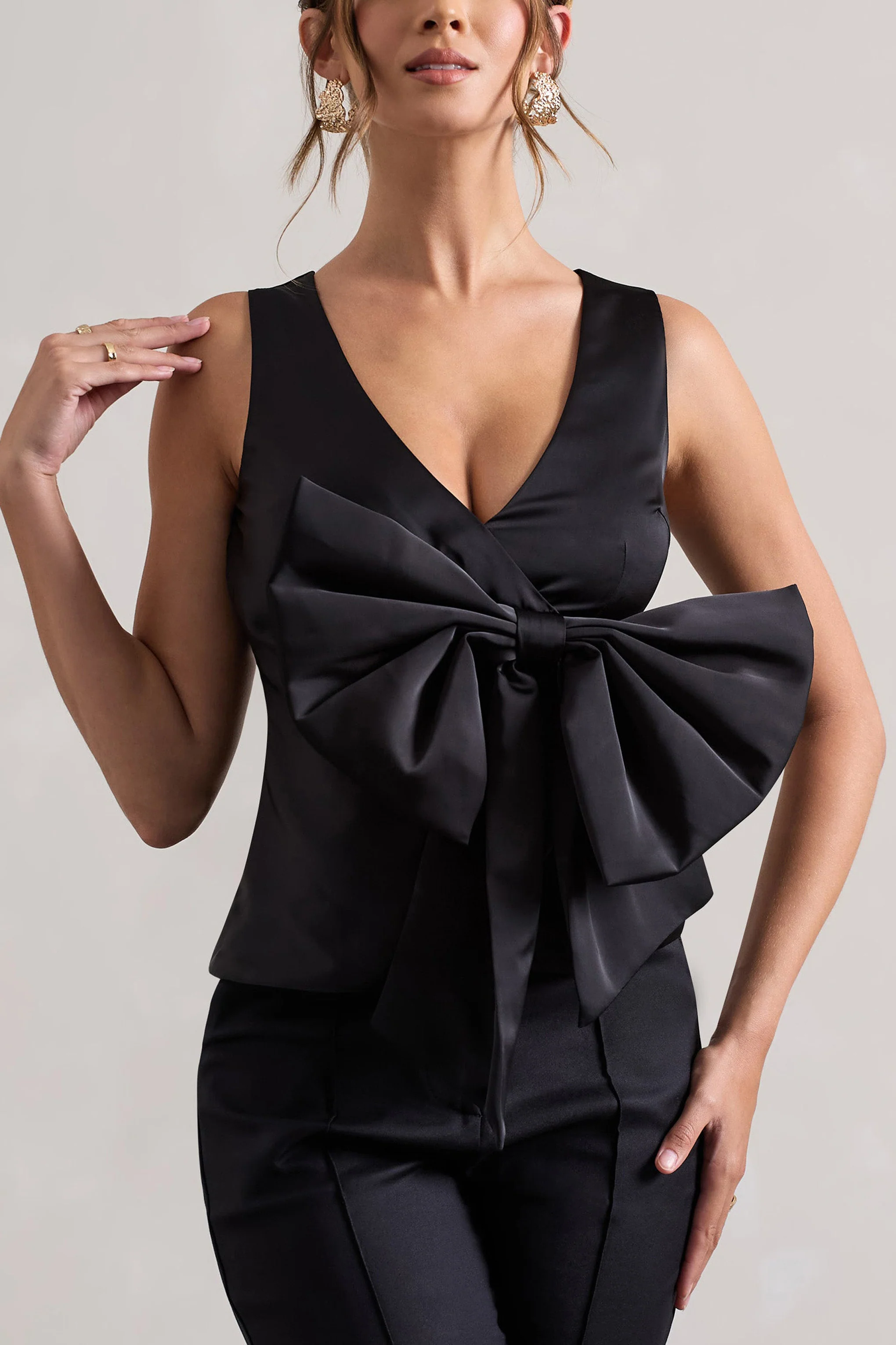 Adoration | Black Satin Plunge-Neck Top With Bow - Image 3