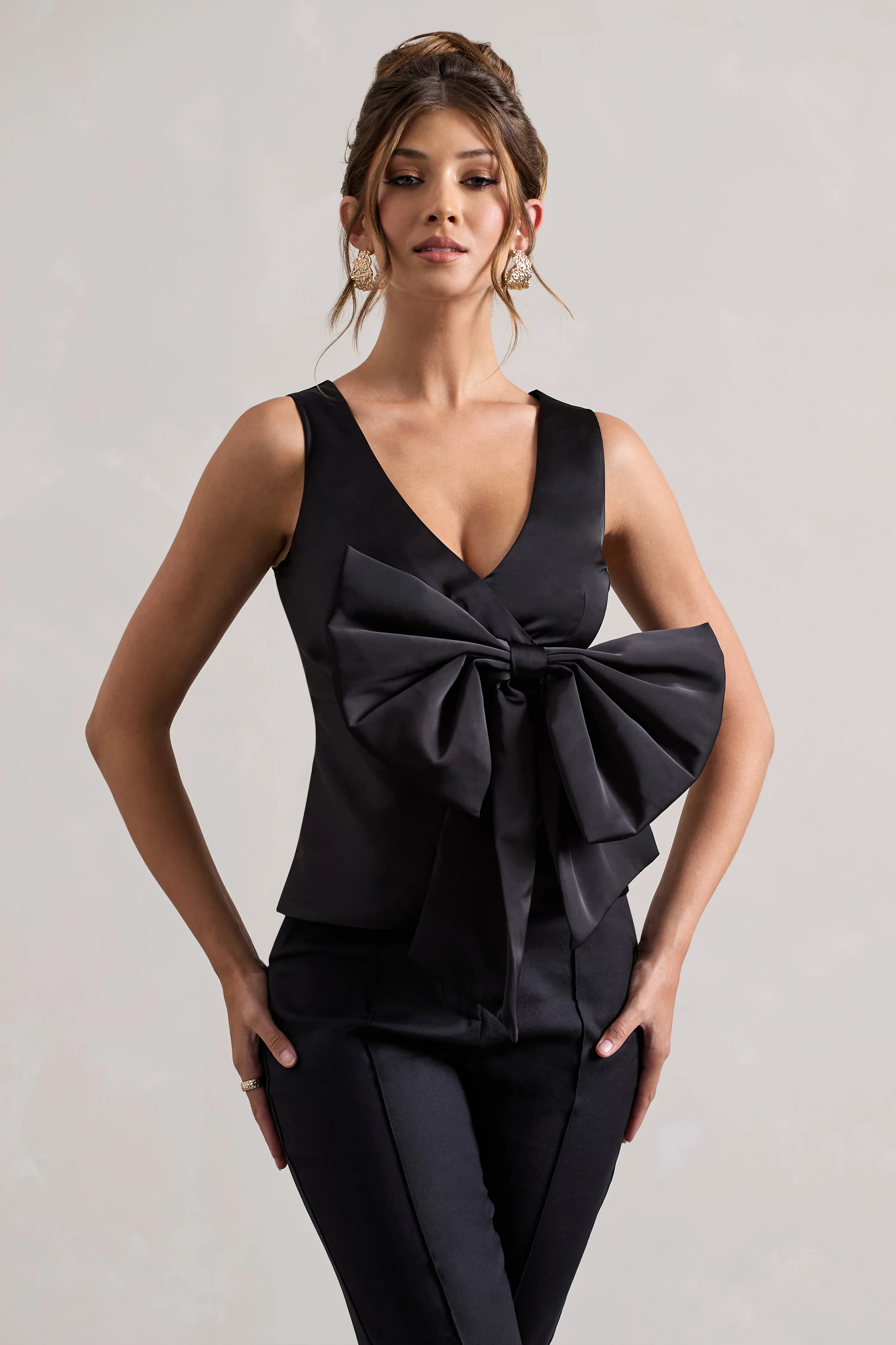 Adoration | Black Satin Plunge-Neck Top With Bow - Image 4