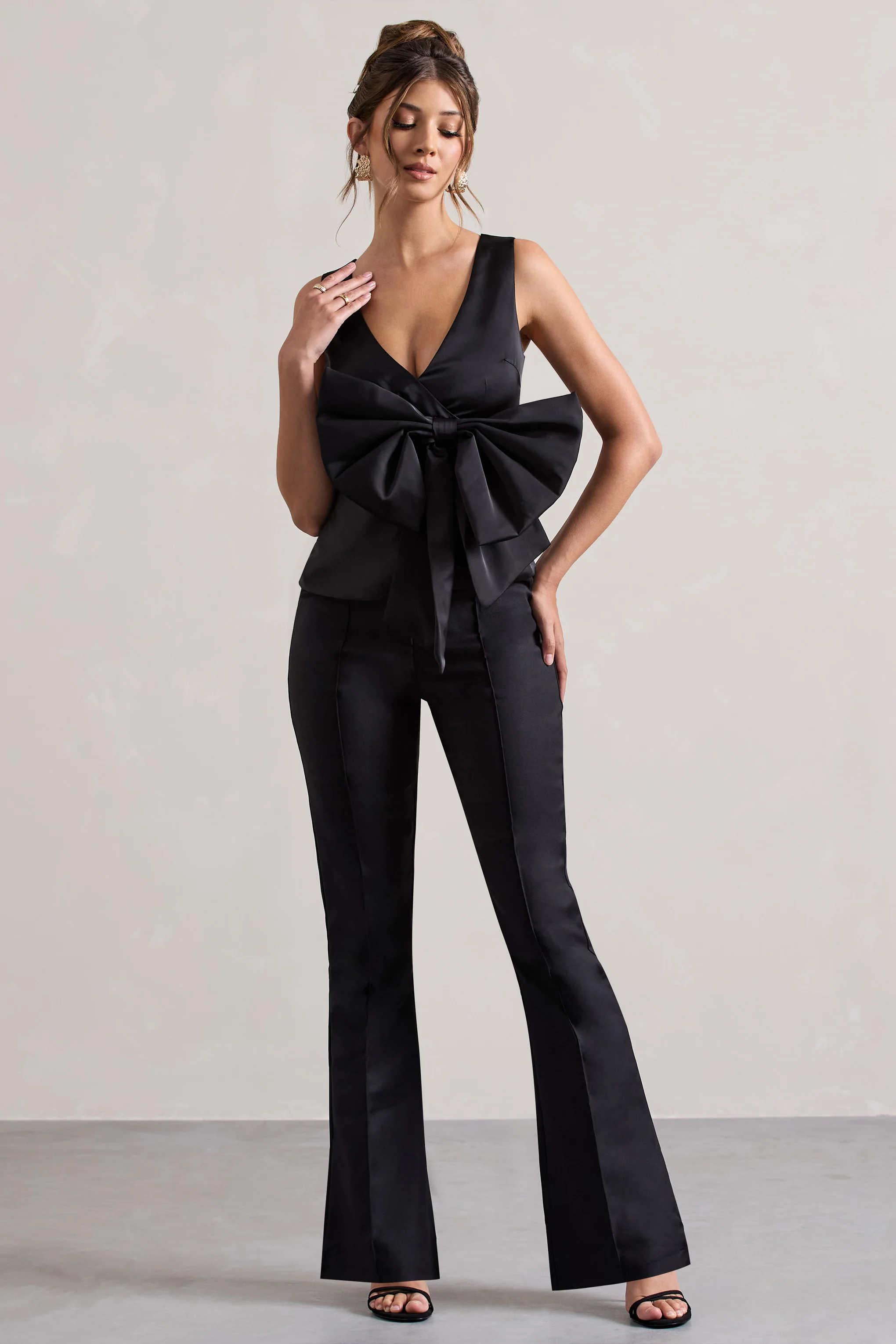 Adoration | Black Satin Plunge-Neck Top With Bow - Image 5