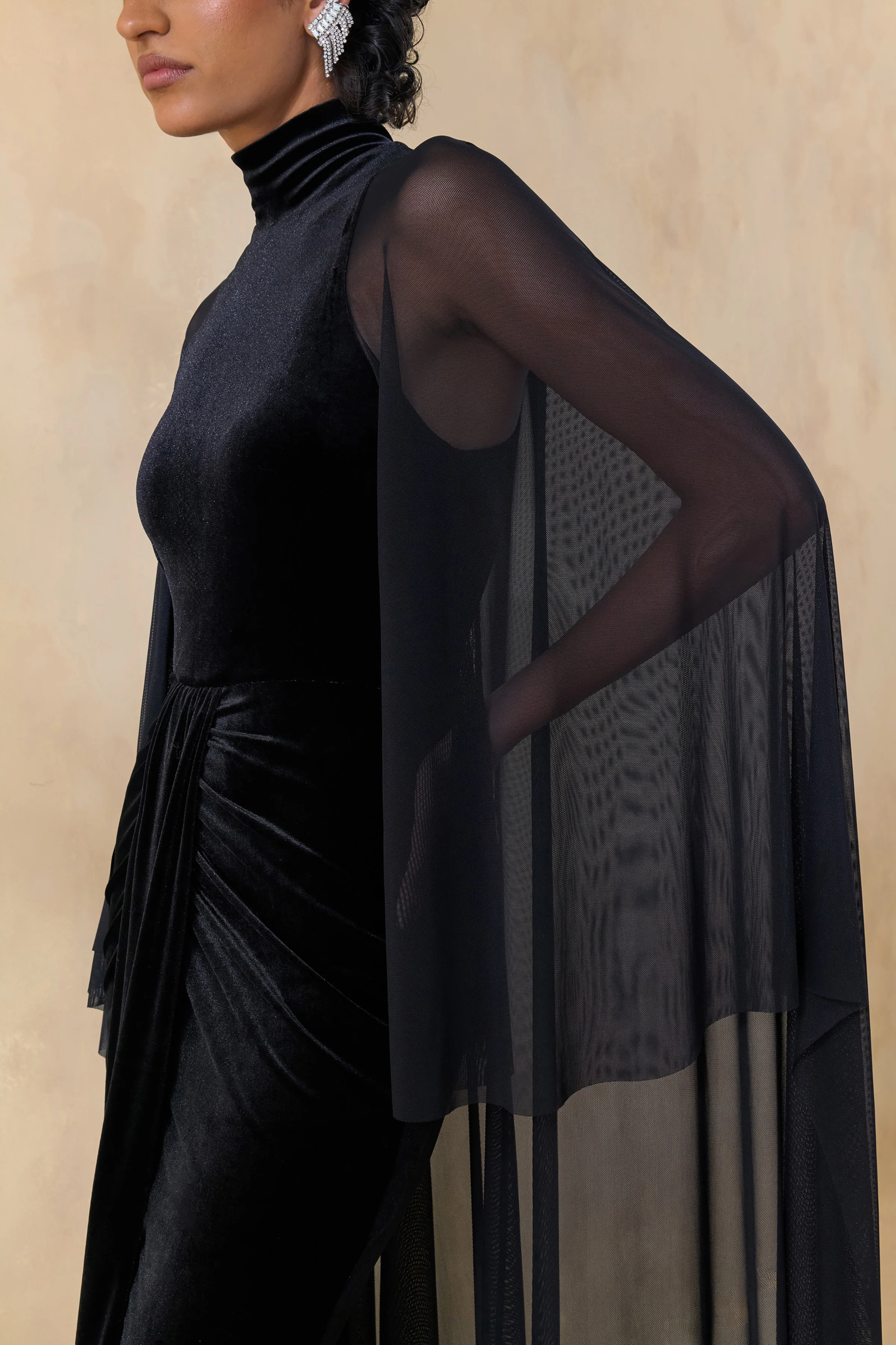 Adoring | Black Velvet High-Neck Maxi Dress With Cape - Image 2