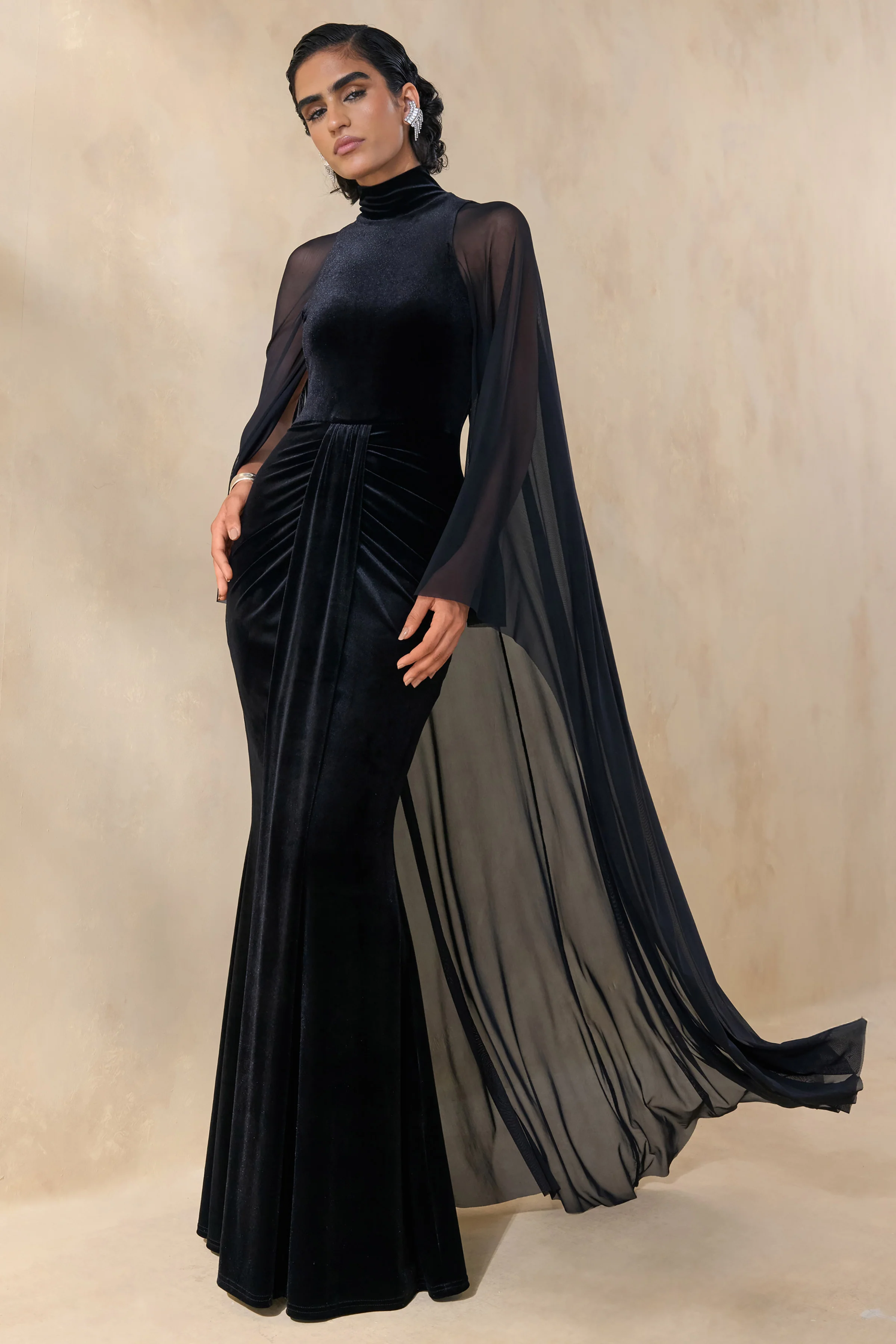 Adoring | Black Velvet High-Neck Maxi Dress With Cape - Image 3