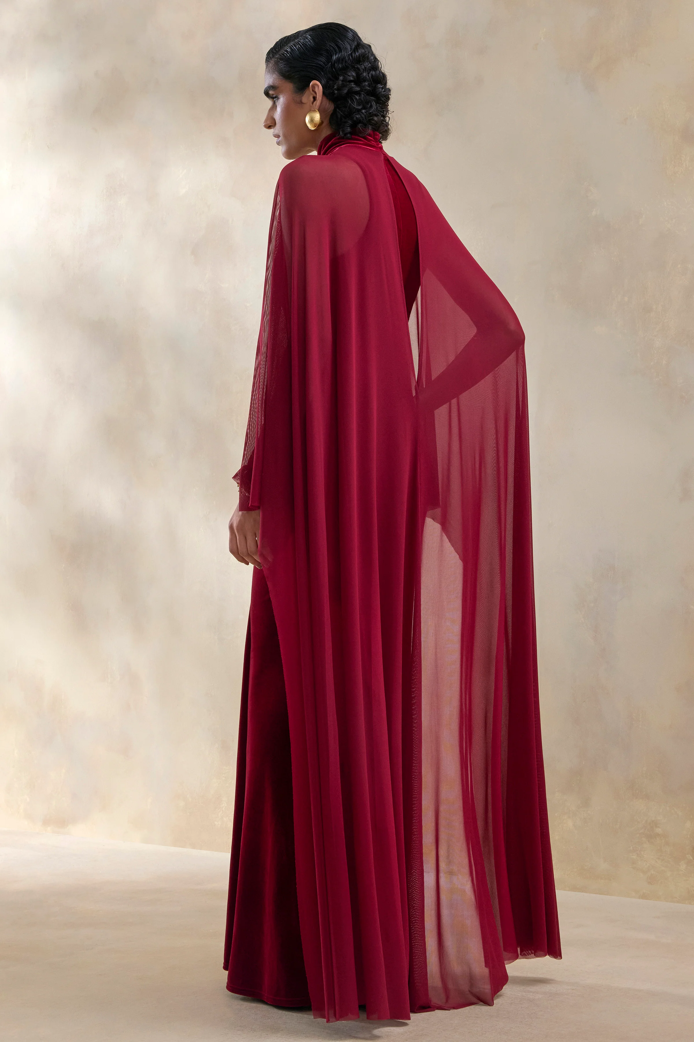 Adoring | Burgundy Velvet High-Neck Maxi Dress With Cape - Image 2