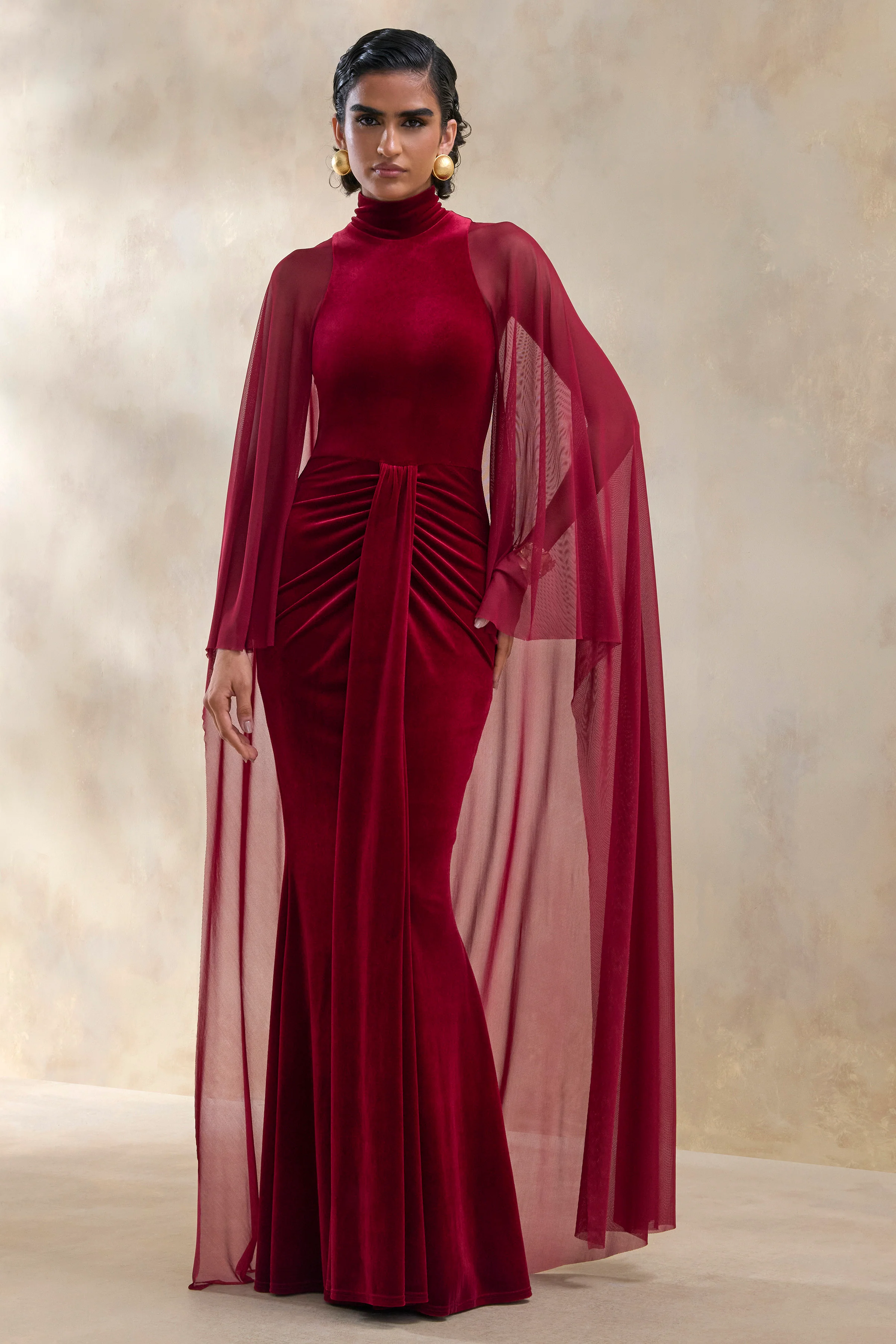 Adoring | Burgundy Velvet High-Neck Maxi Dress With Cape - Image 4