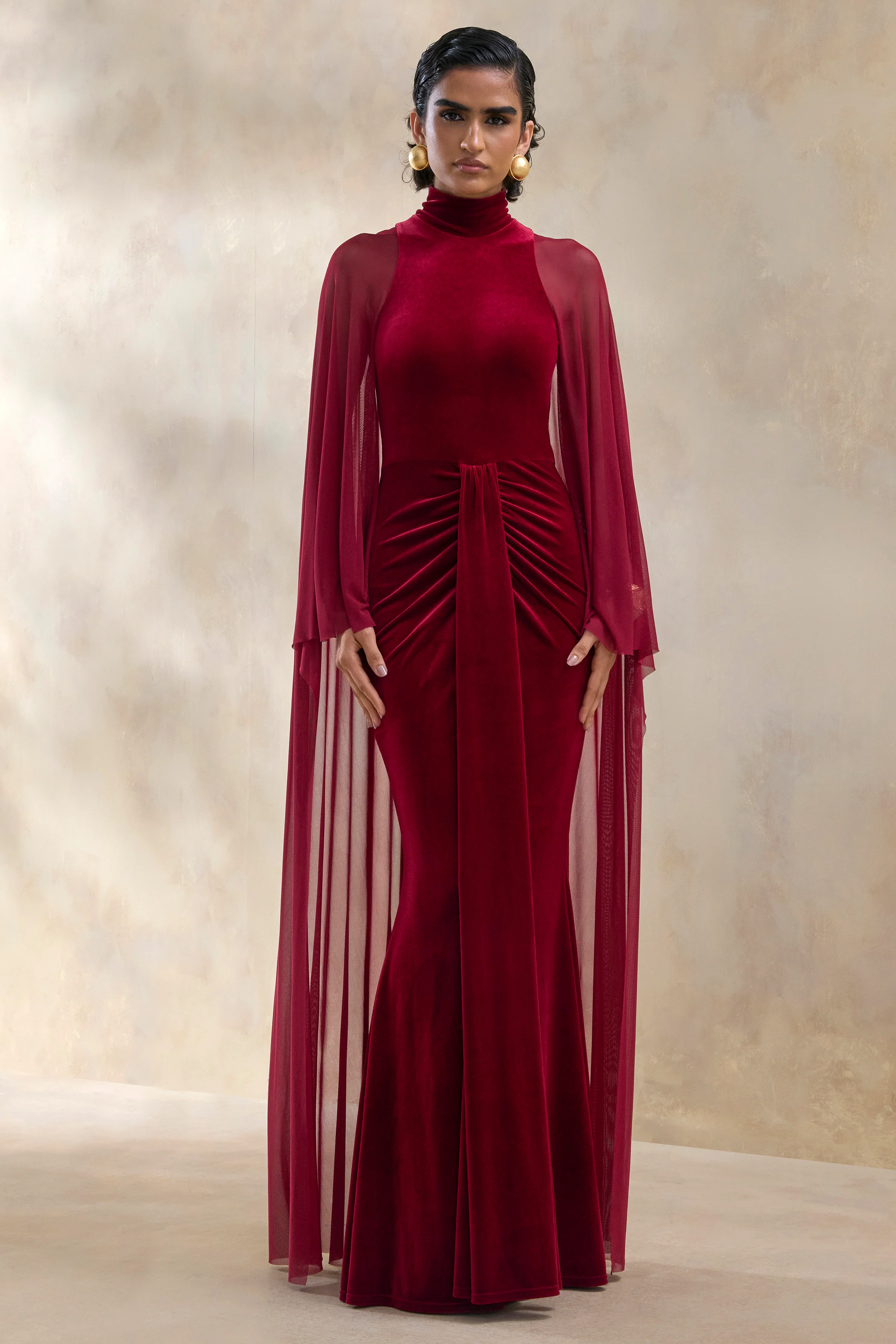 Adoring | Burgundy Velvet High-Neck Maxi Dress With Cape - Image 5