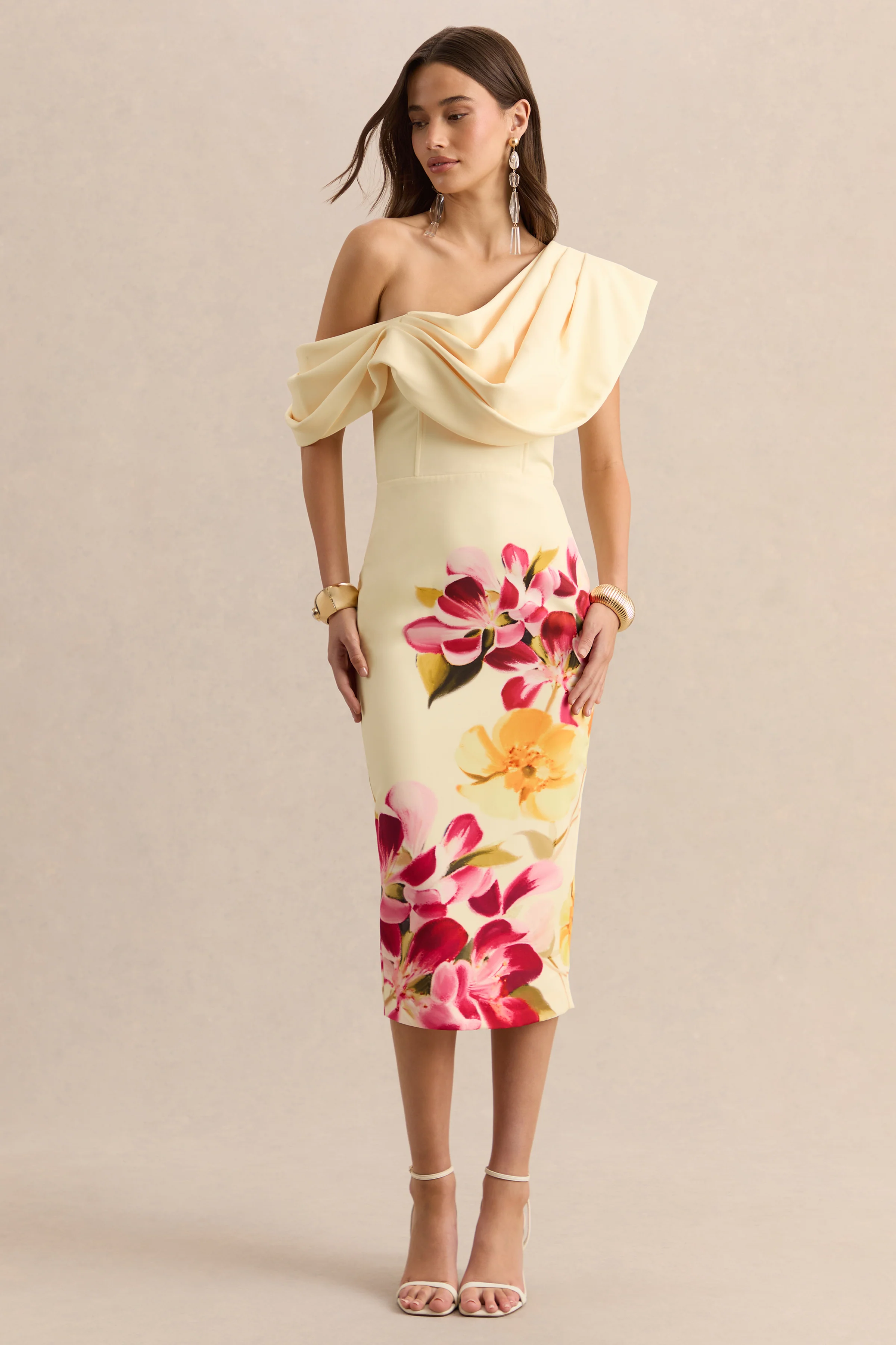 Adrina | Hot Pink & Lemon Floral Print Draped One Shoulder Midi Dress - Image 4