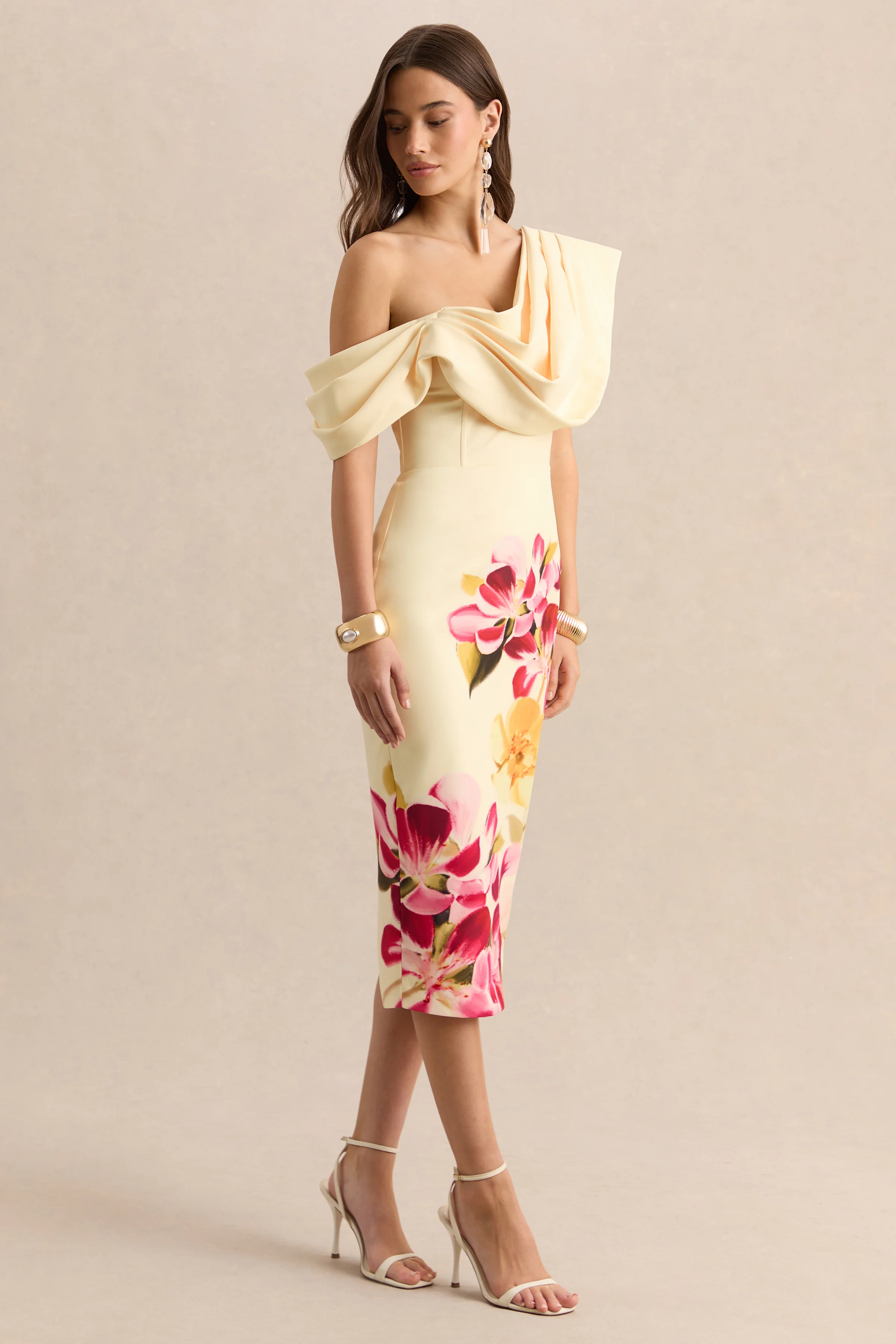 Adrina | Hot Pink & Lemon Floral Print Draped One Shoulder Midi Dress - Image 5