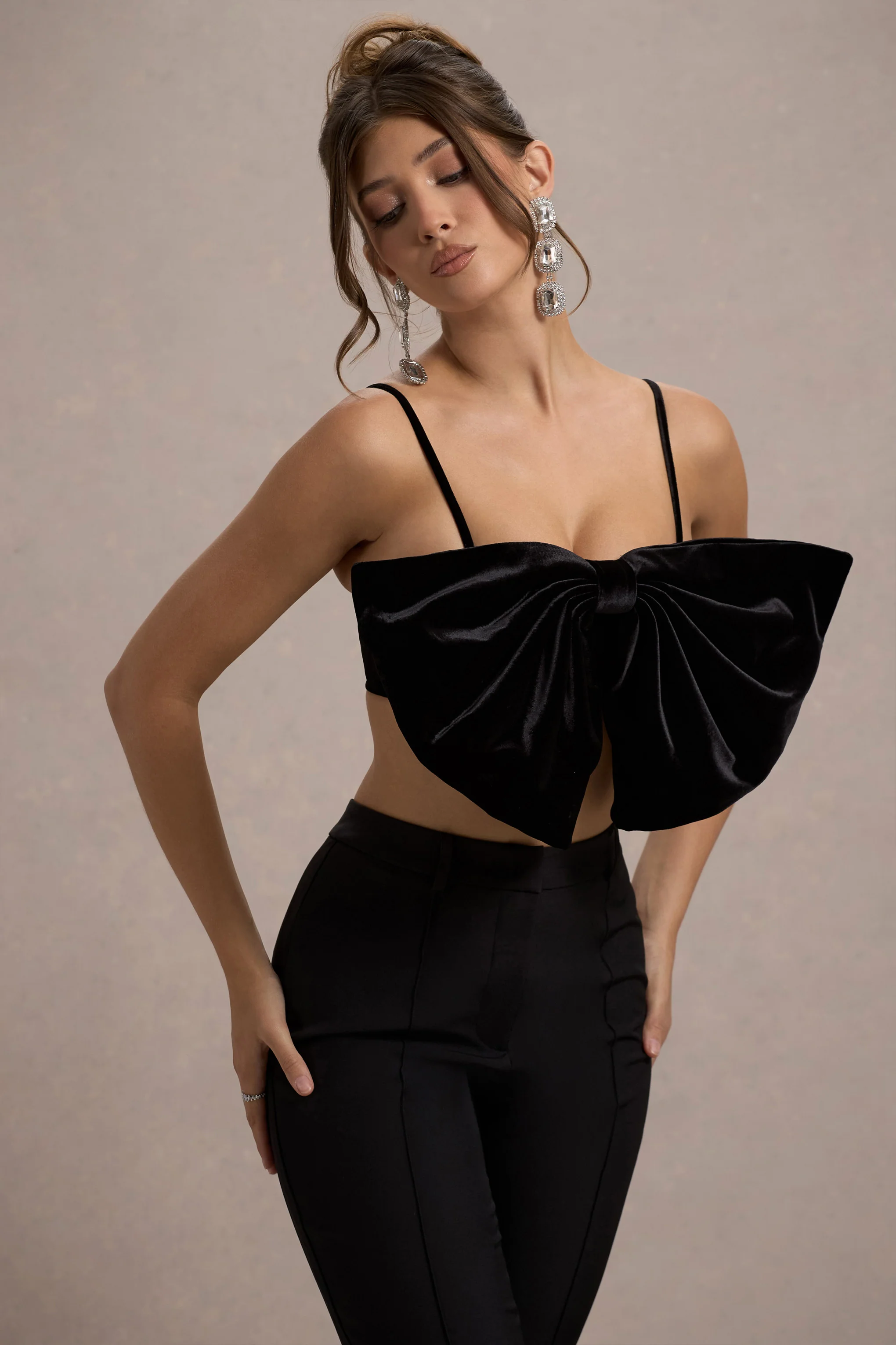 Adya | Black Velvet Strappy Bow Crop Top - Image 3