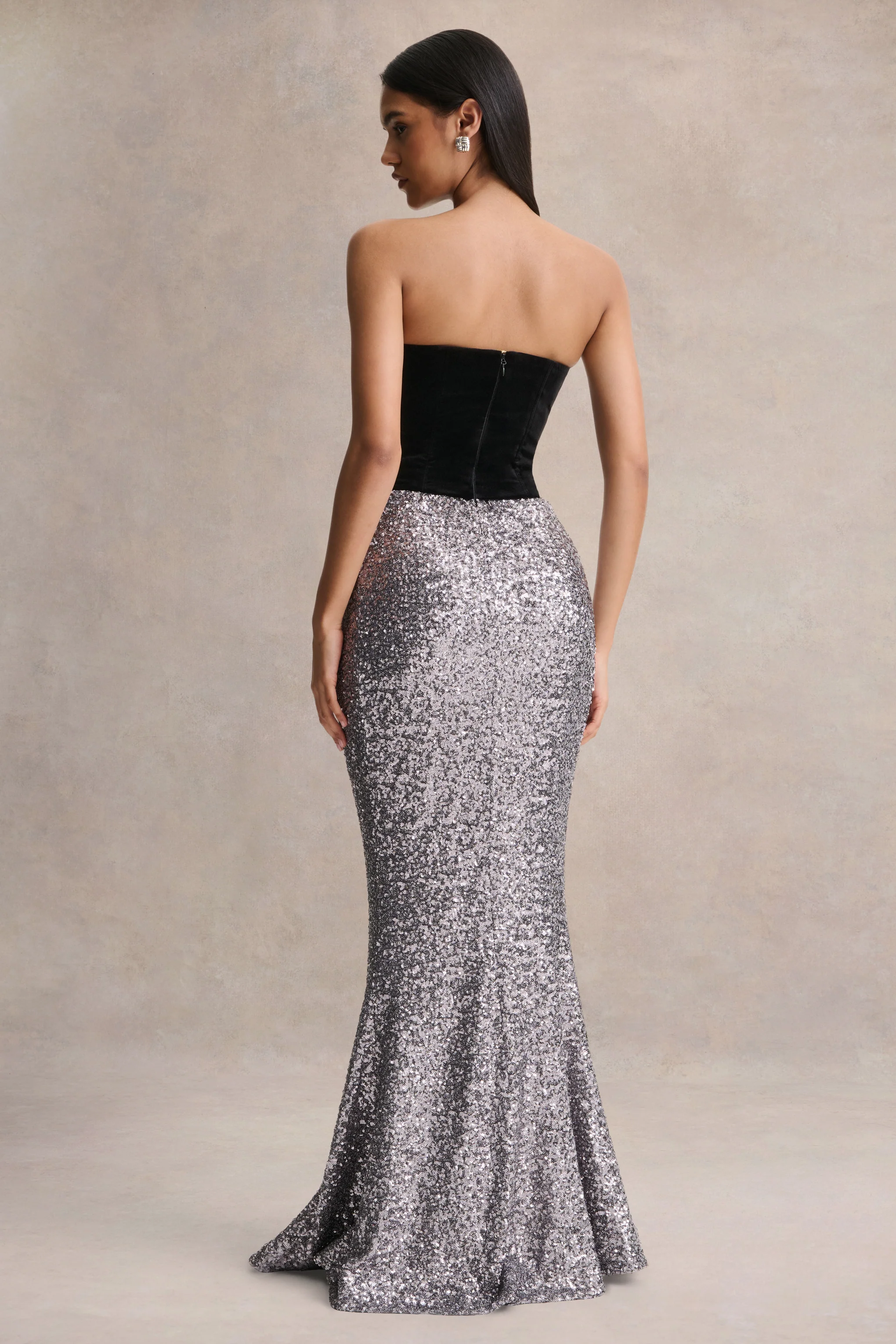 Aeris | Black Velvet And Silver Sequin Plunge-Neck Maxi Dress - Image 2