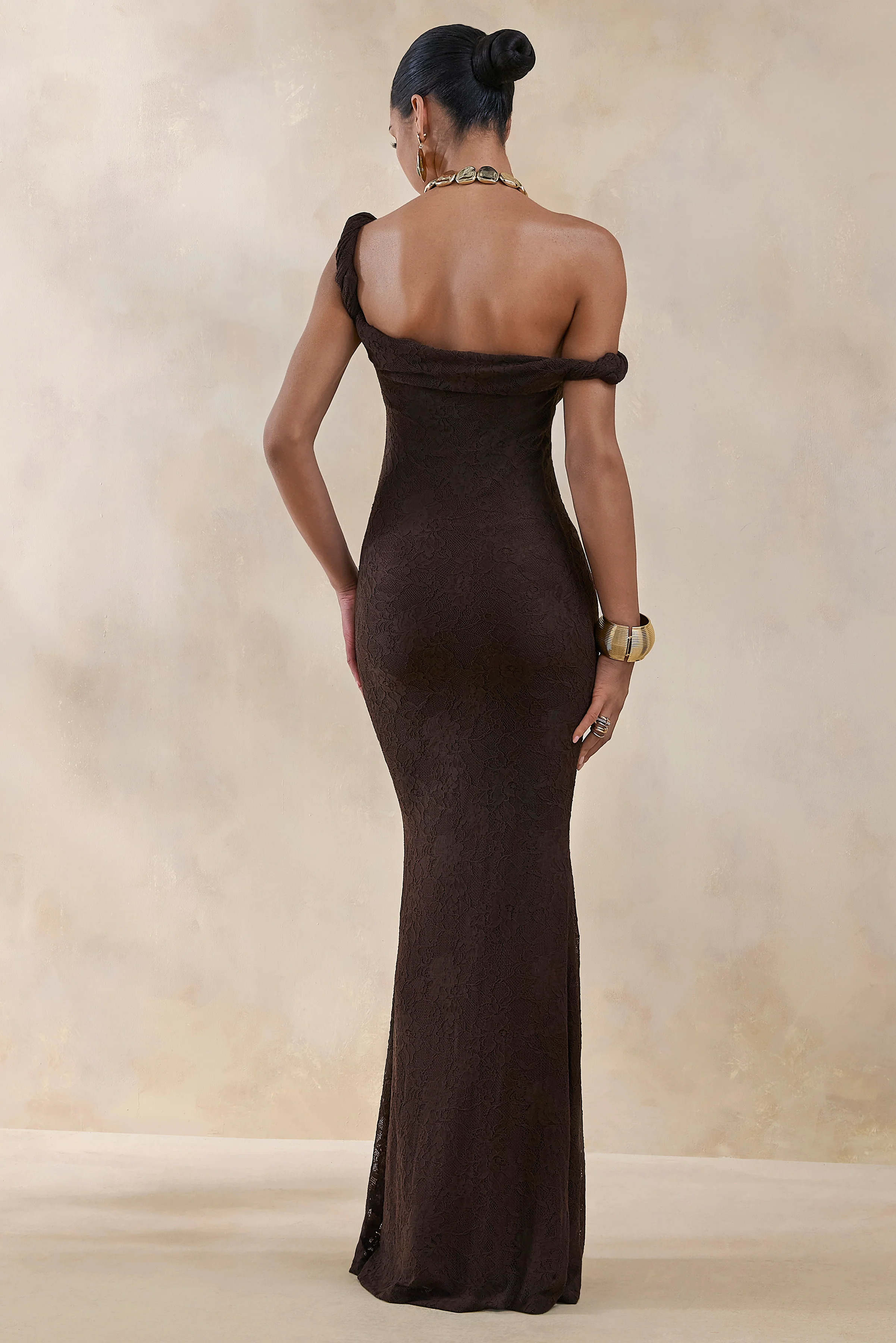 Afina | Brown Lace Asymmetric-Neck Maxi Dress - Image 3