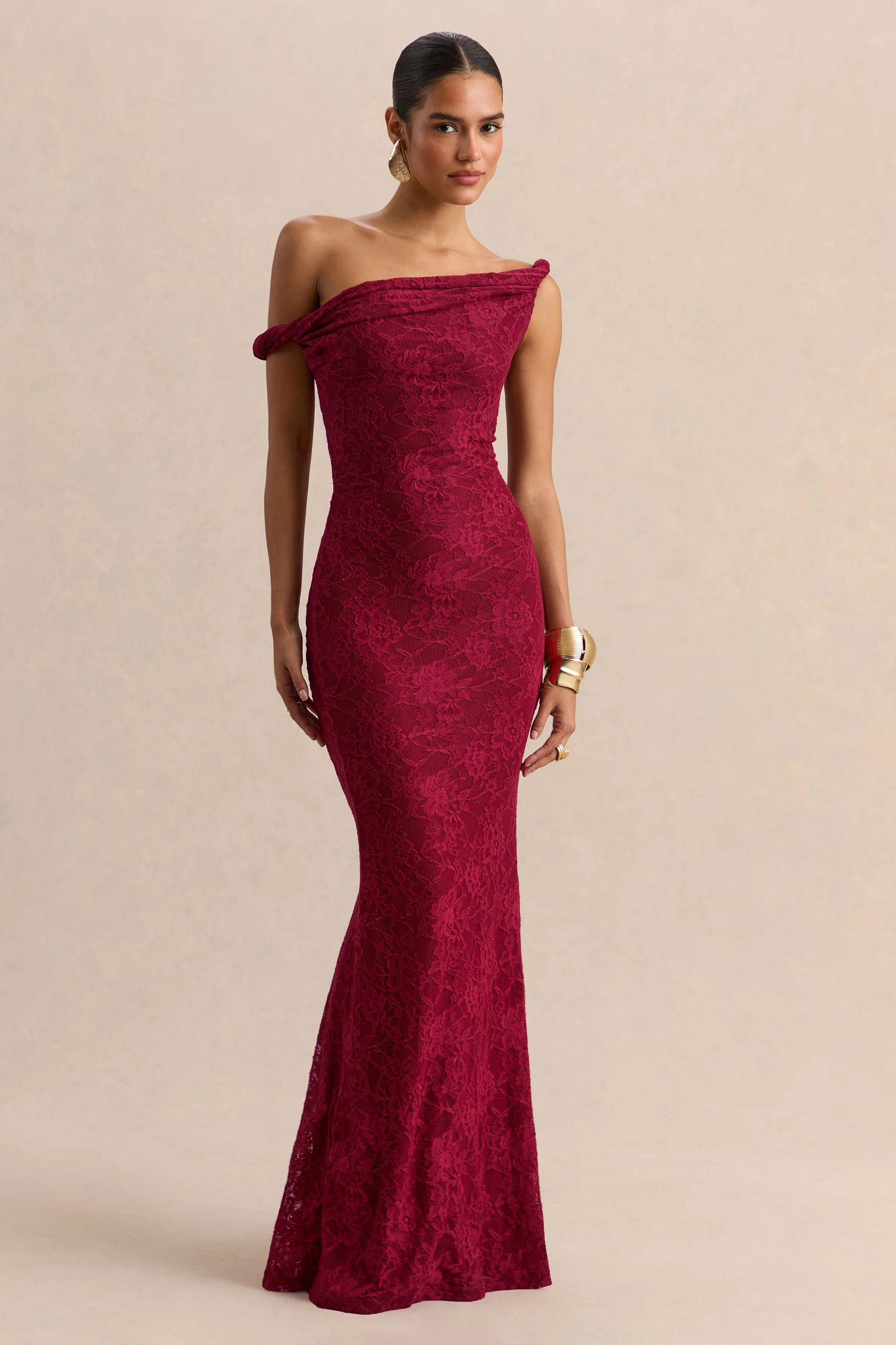Afina | Burgundy Lace Asymmetric-Neck Maxi Dress - Image 4