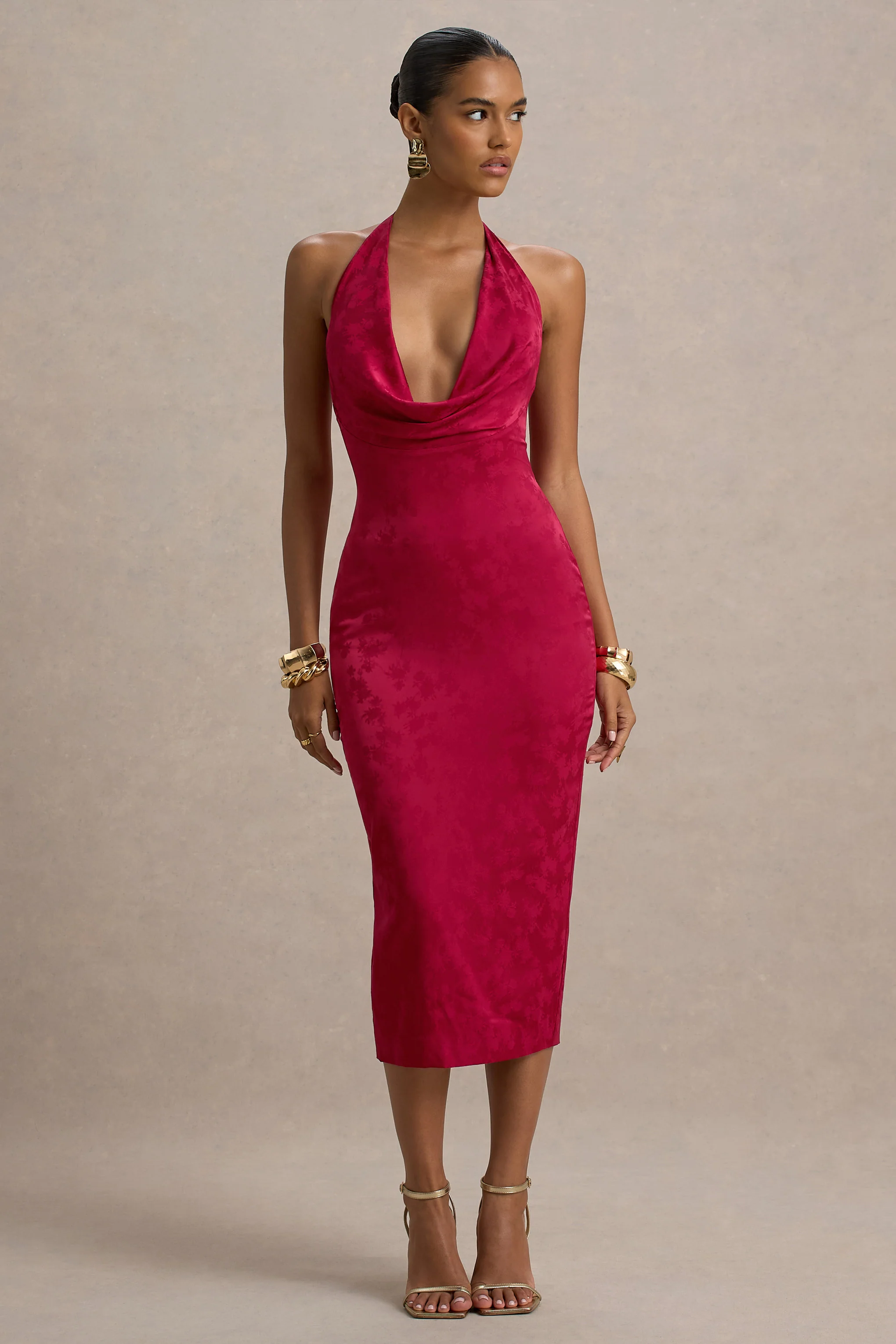 Aine | Red Satin Jacquard Cowl-Neck Midi Dress - Image 5