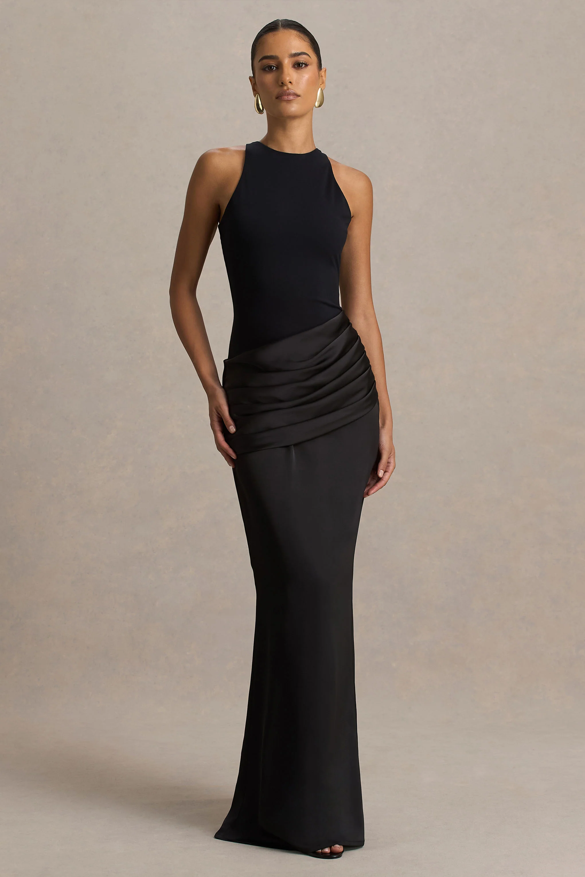 Akari | Black Crew-Neck Maxi Dress With Satin Skirt - Image 4
