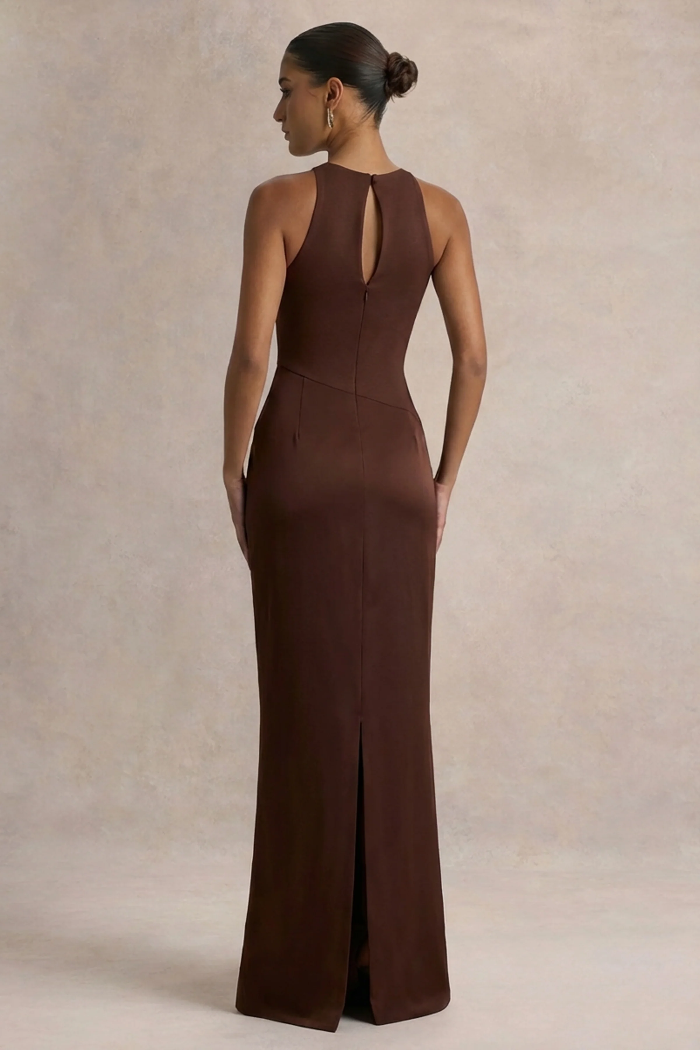 Akari | Brown Crew-Neck Maxi Dress With Satin Skirt - Image 2
