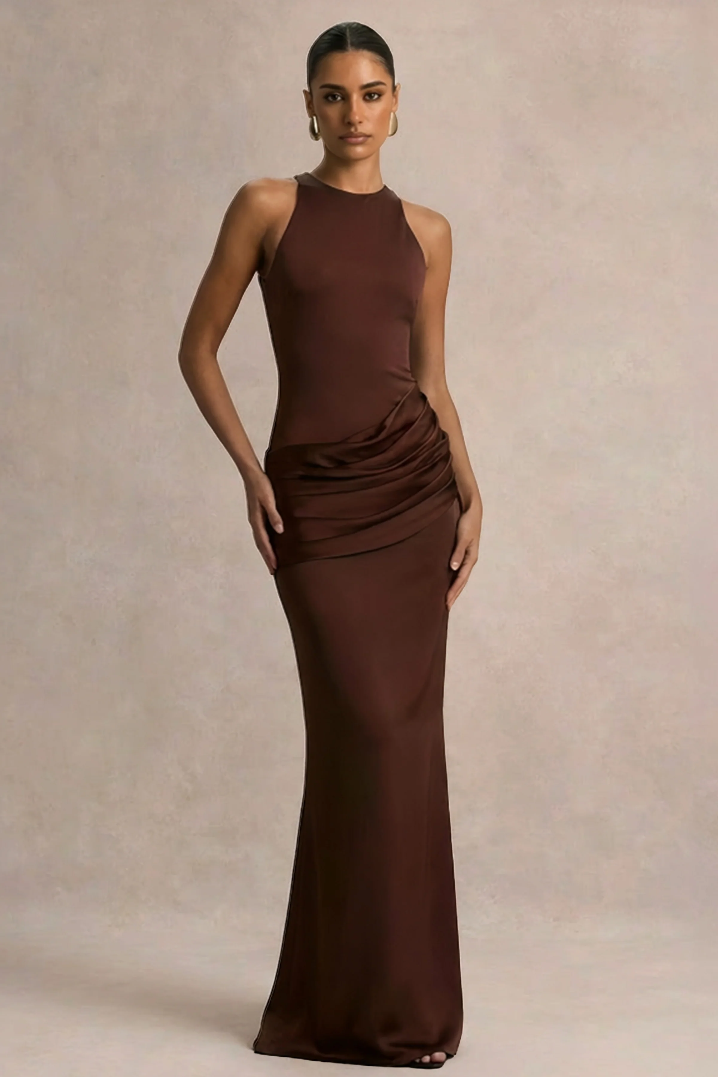 Akari | Brown Crew-Neck Maxi Dress With Satin Skirt - Image 4
