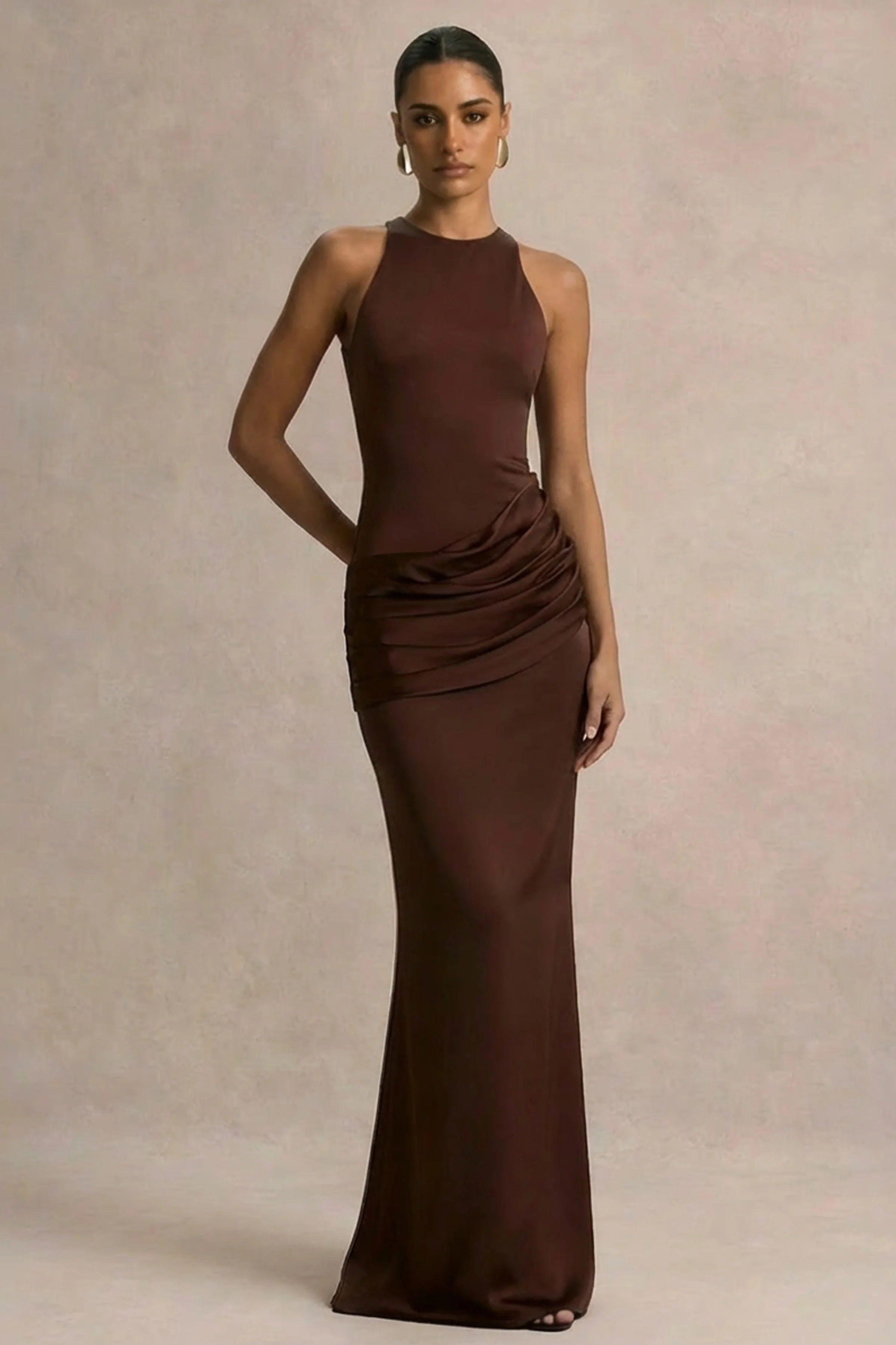 Akari | Brown Crew-Neck Maxi Dress With Satin Skirt - Image 5