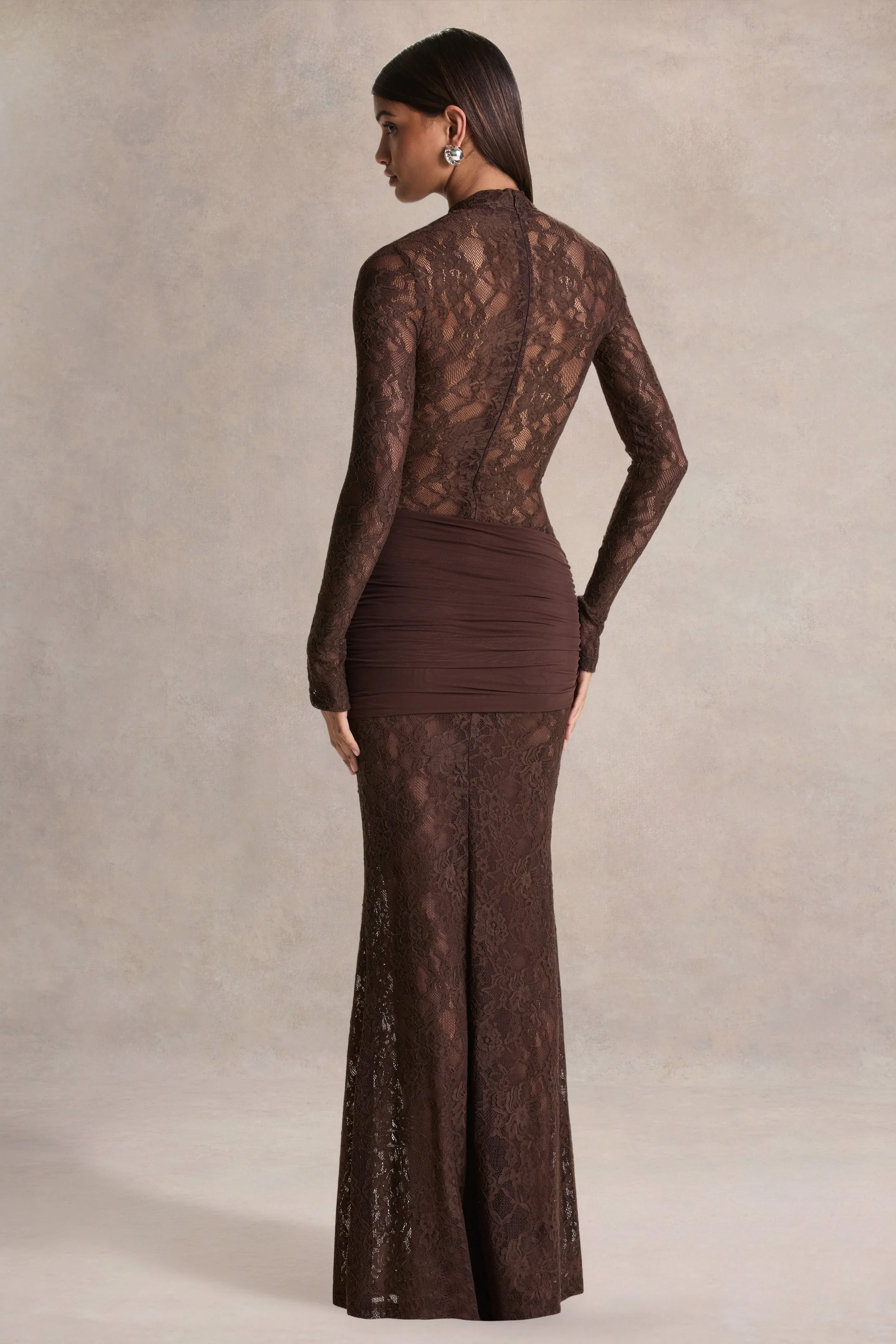 Akira | Brown Lace Maxi Dress With Sash-Detail - Image 2