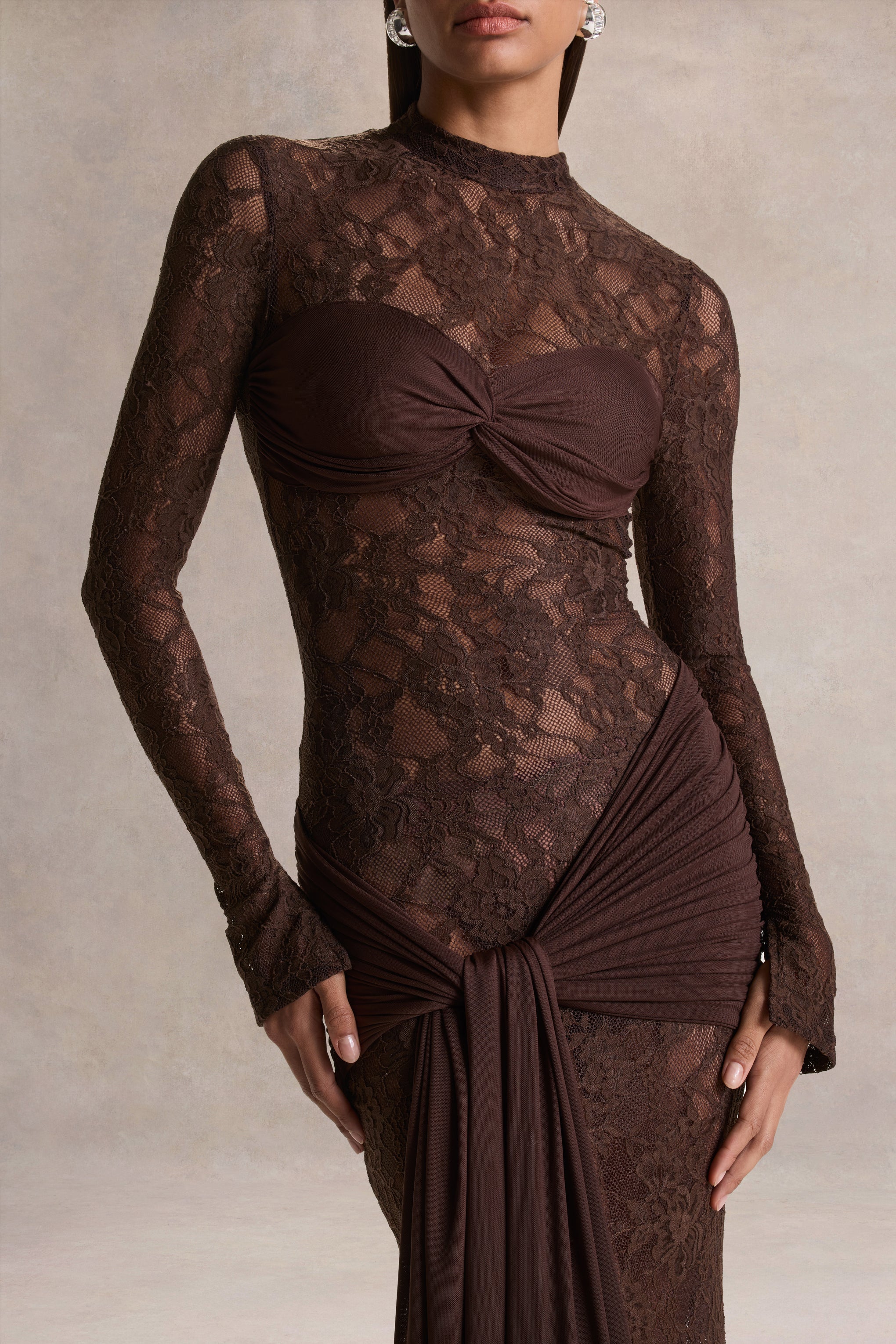 Akira | Brown Lace Maxi Dress With Sash-Detail - Image 3