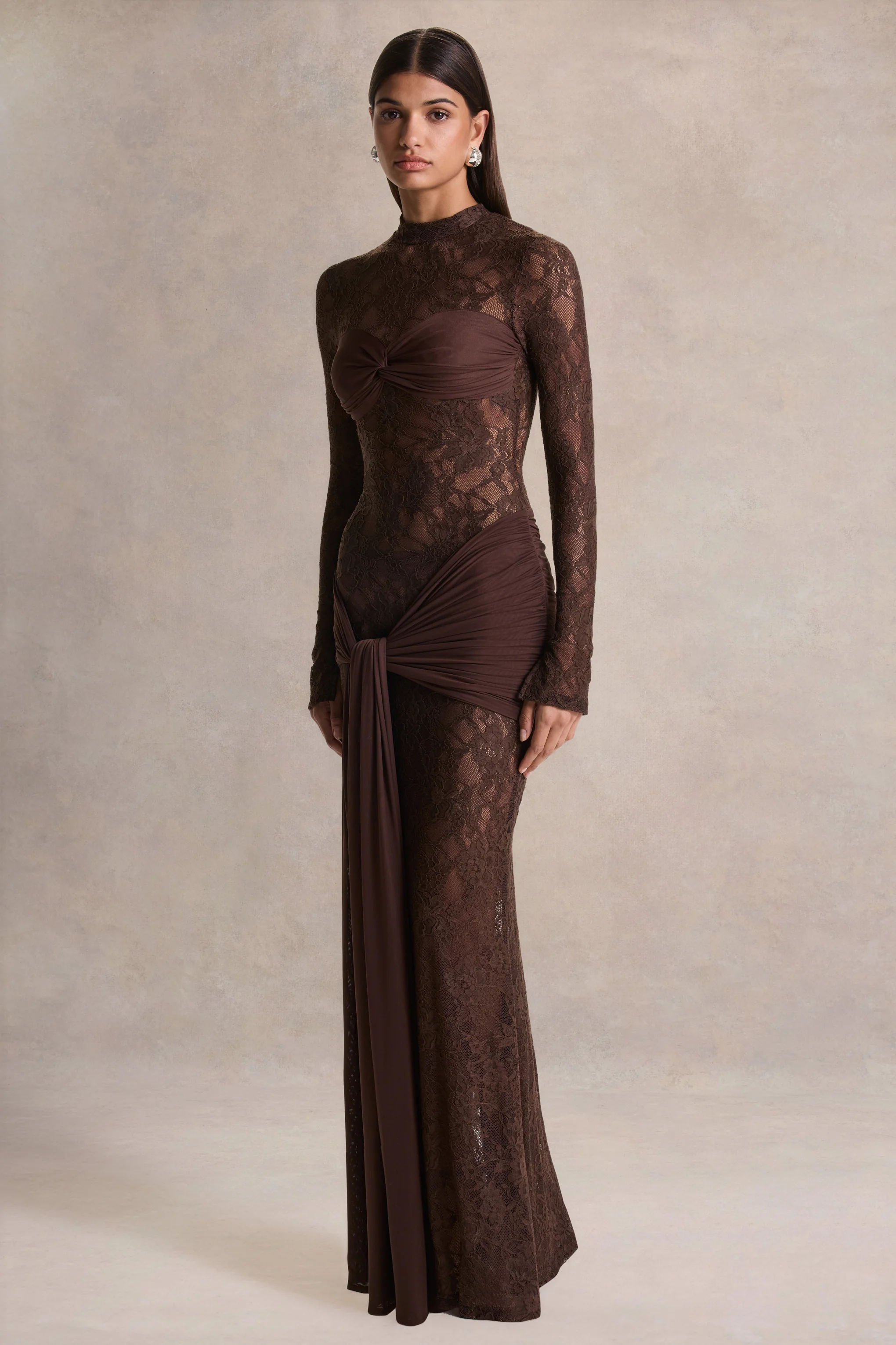 Akira | Brown Lace Maxi Dress With Sash-Detail - Image 4
