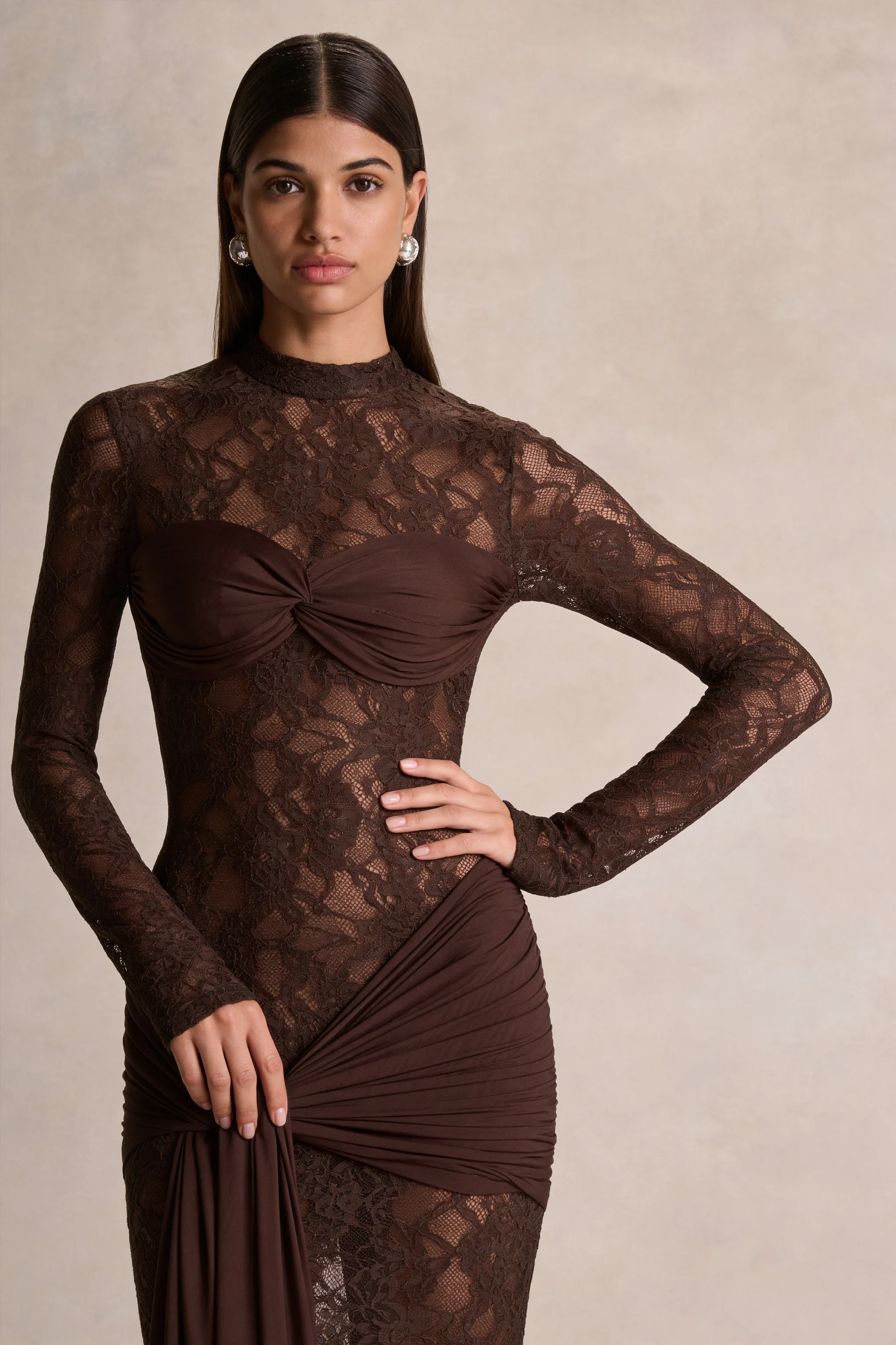 Akira | Brown Lace Maxi Dress With Sash-Detail - Image 5