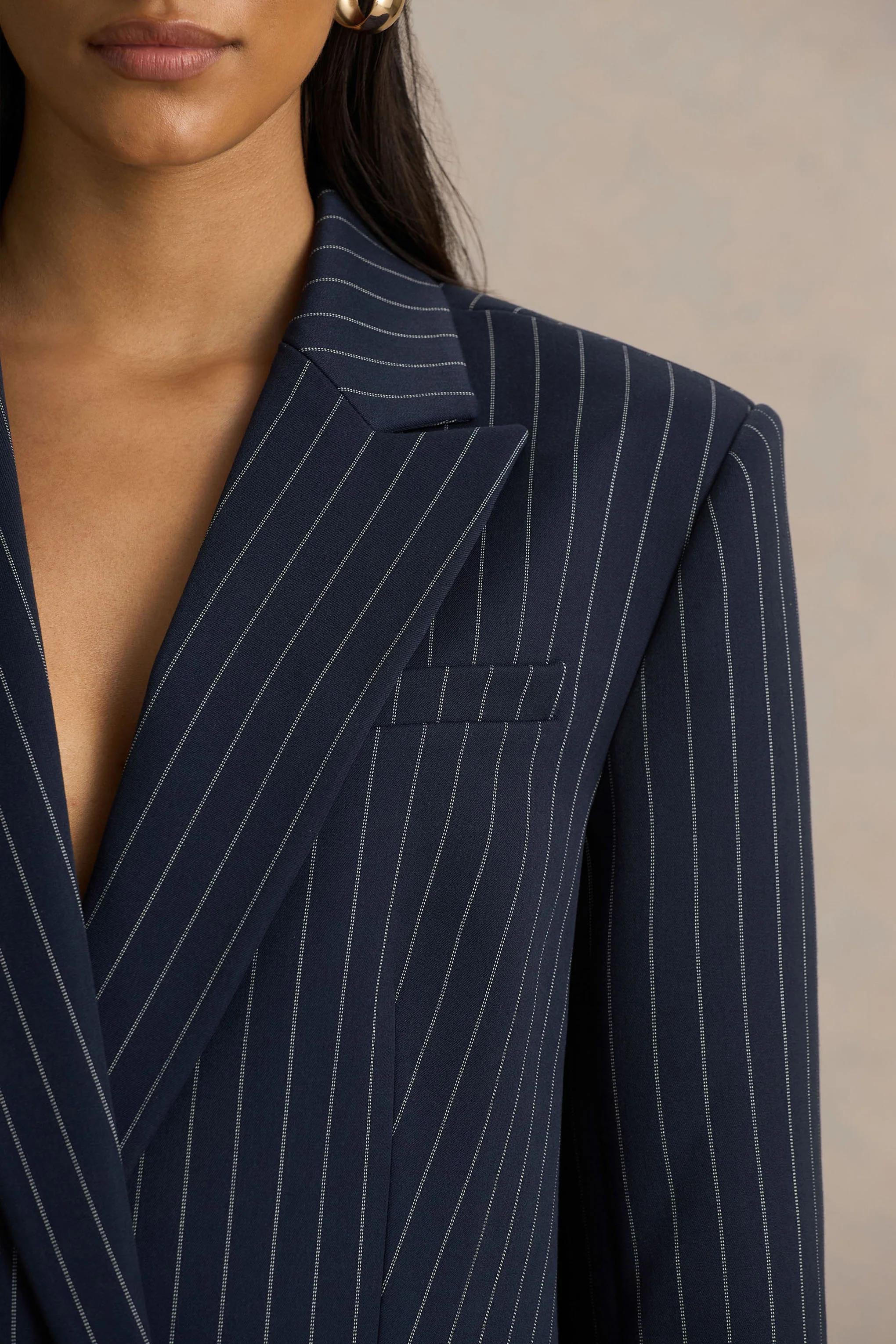 Alana | Navy Pinstripe Plunge-Neck Oversized Blazer - Image 4