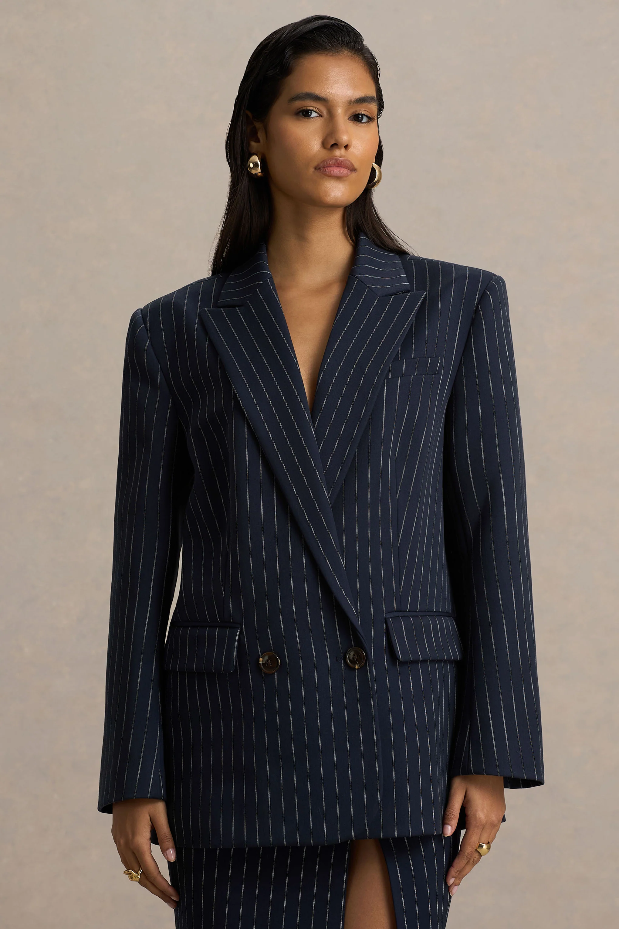 Alana | Navy Pinstripe Plunge-Neck Oversized Blazer - Image 5