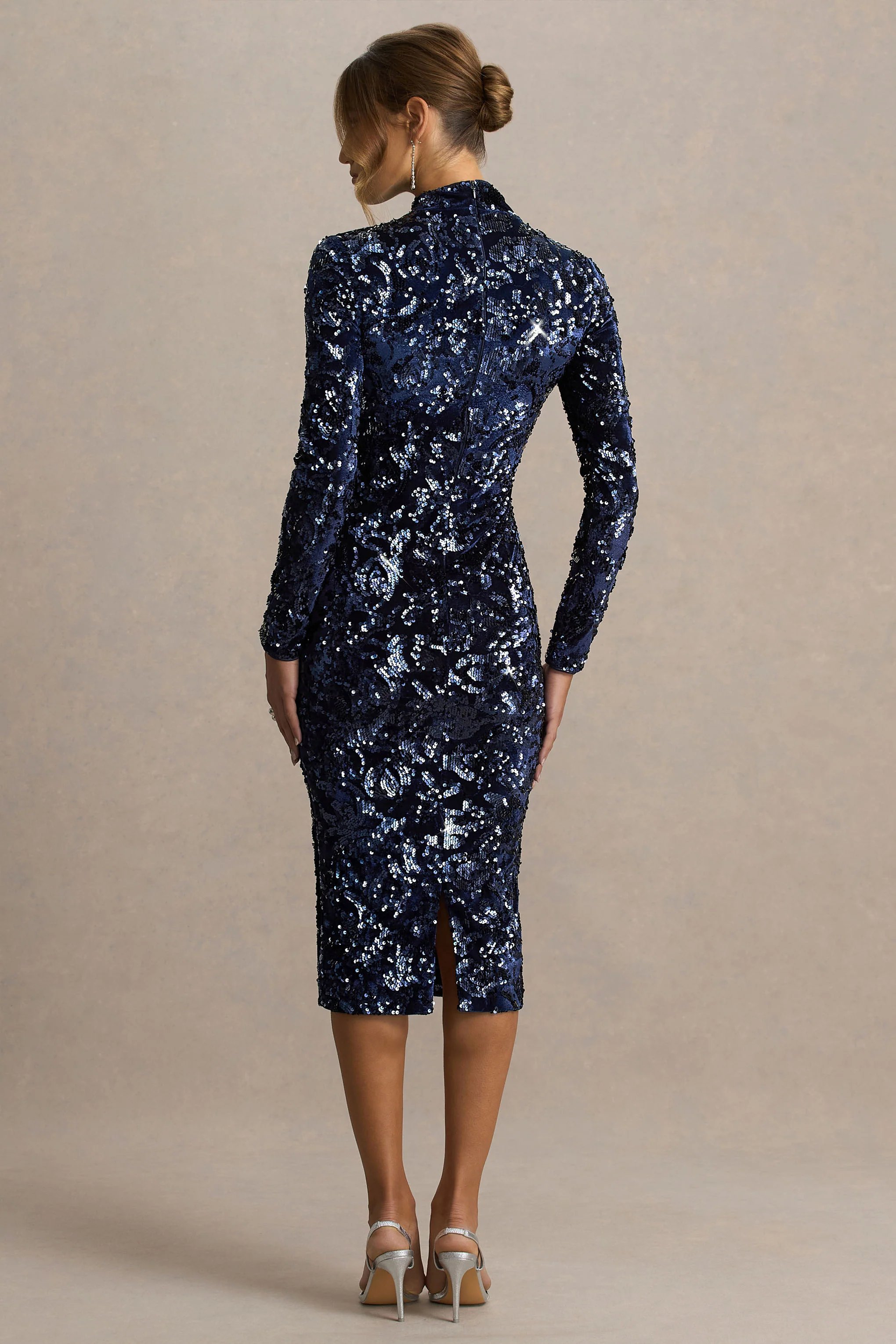 Alanita | Navy Velvet And Sequin Embellished High-Neck Midi Dress With Long Sleeves - Image 2